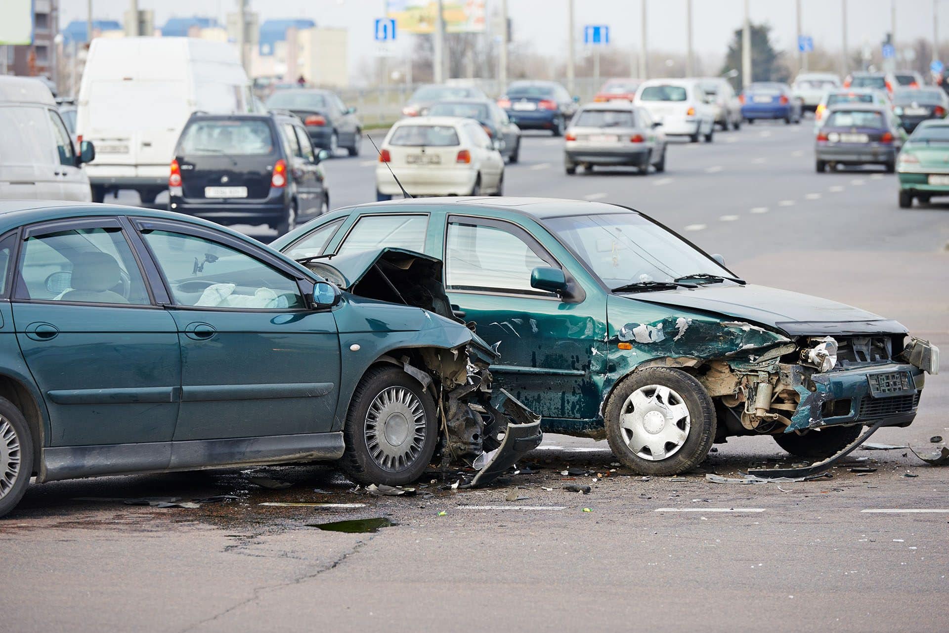 car crash accident on street, damaged automobiles after collisio