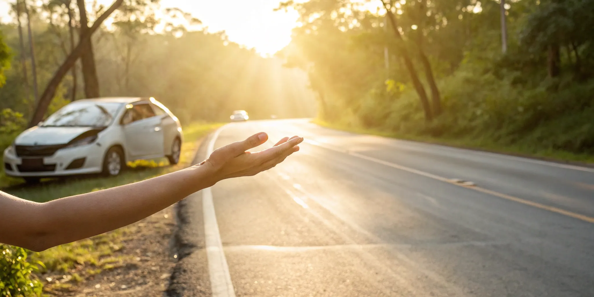 A driver beside a damaged car, a key reason to get a lawyer after an accident.