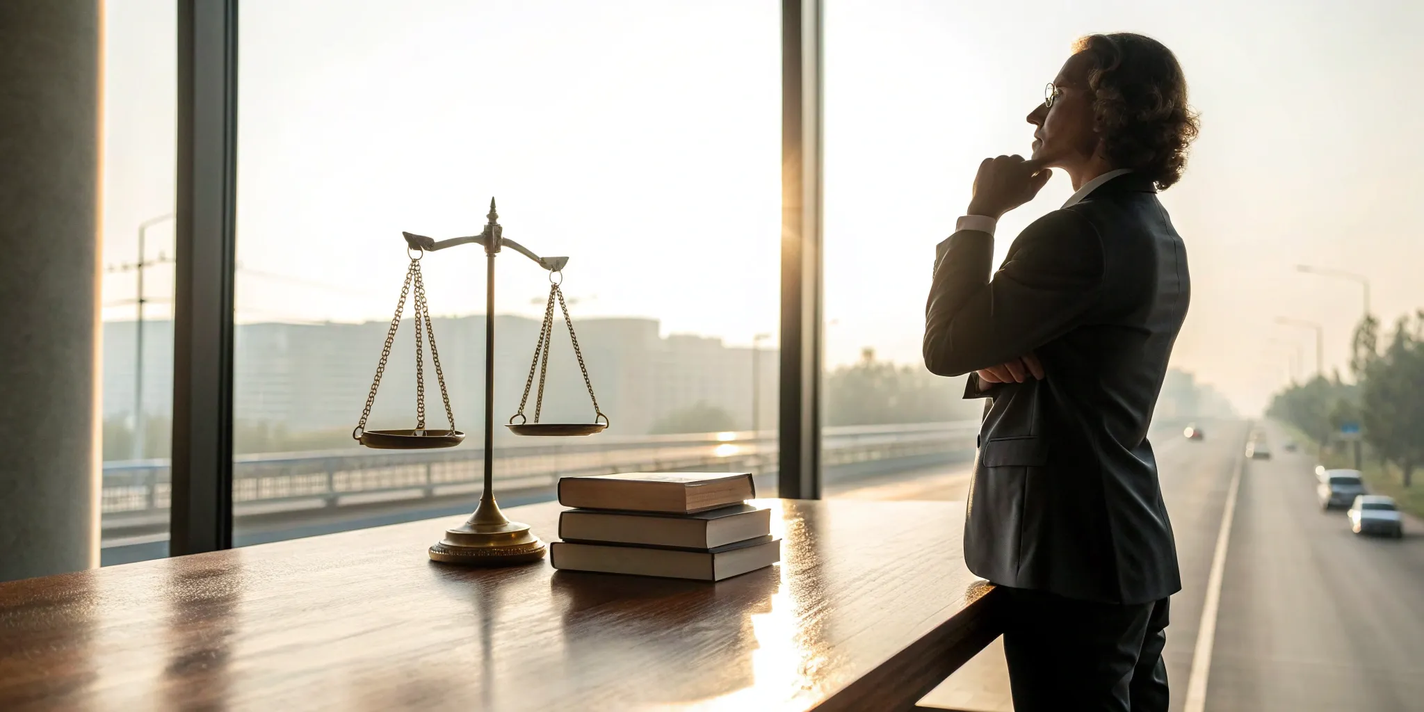 An 18 wheeler accident lawyer considers a case in an office with scales of justice and law books.