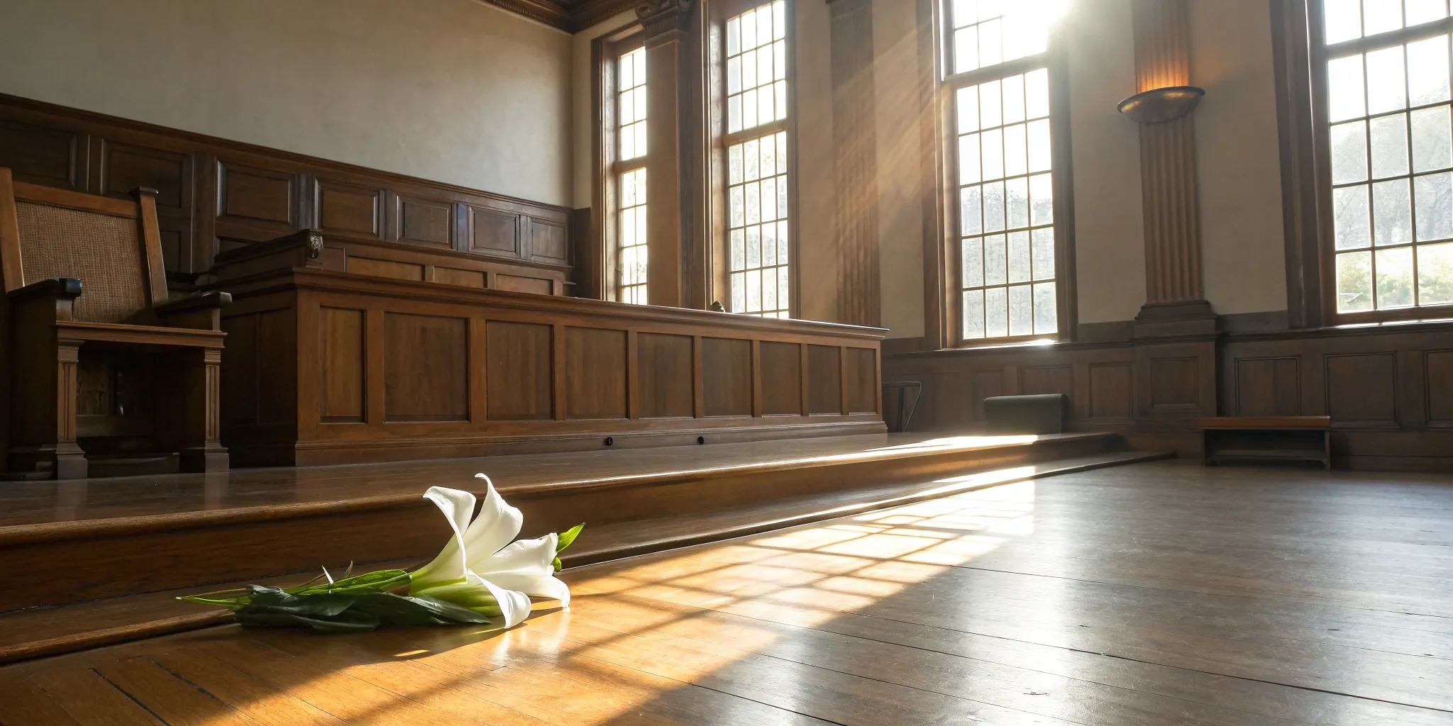 A white lily on an empty courtroom floor for a wrongful death claim after a car accident.