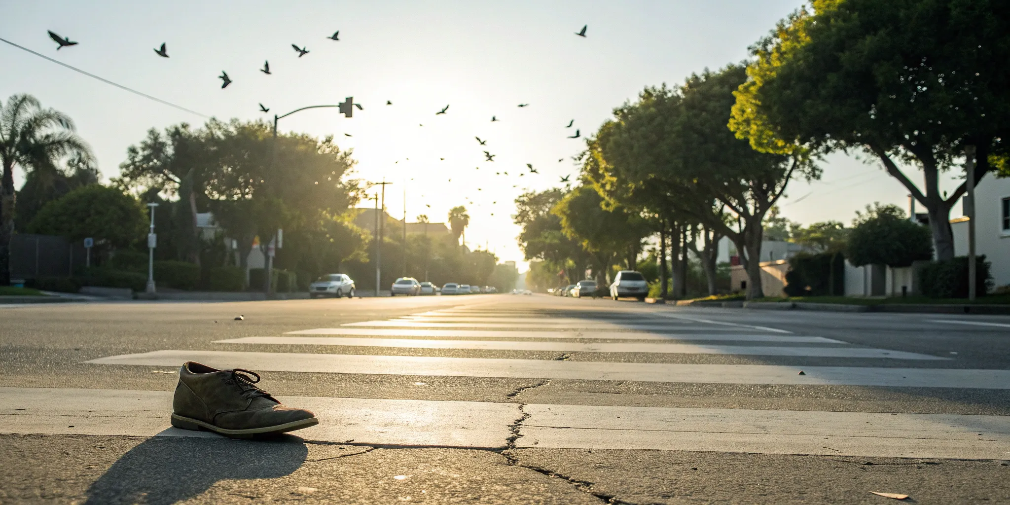 A single shoe on a crosswalk after a pedestrian was hit by a car.