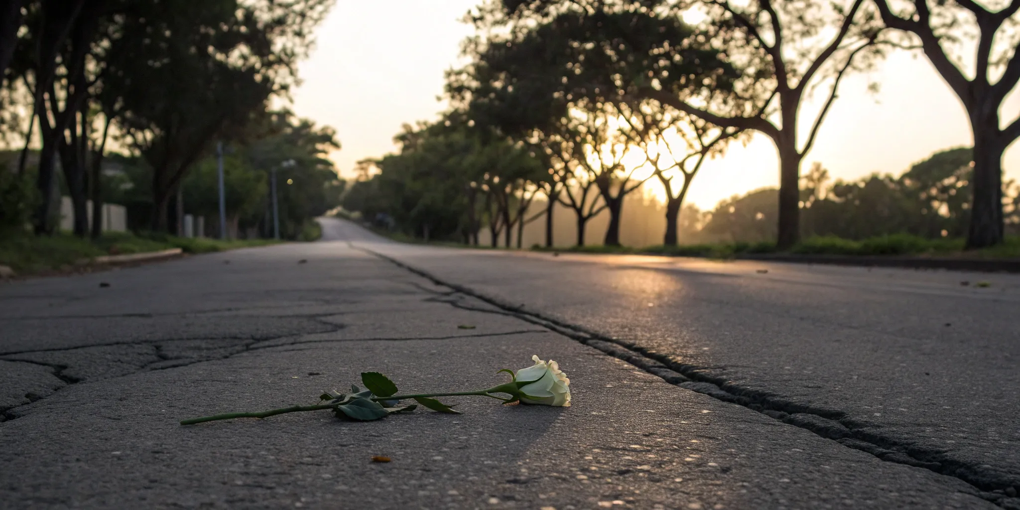 White rose on an empty road after a fatal car accident.