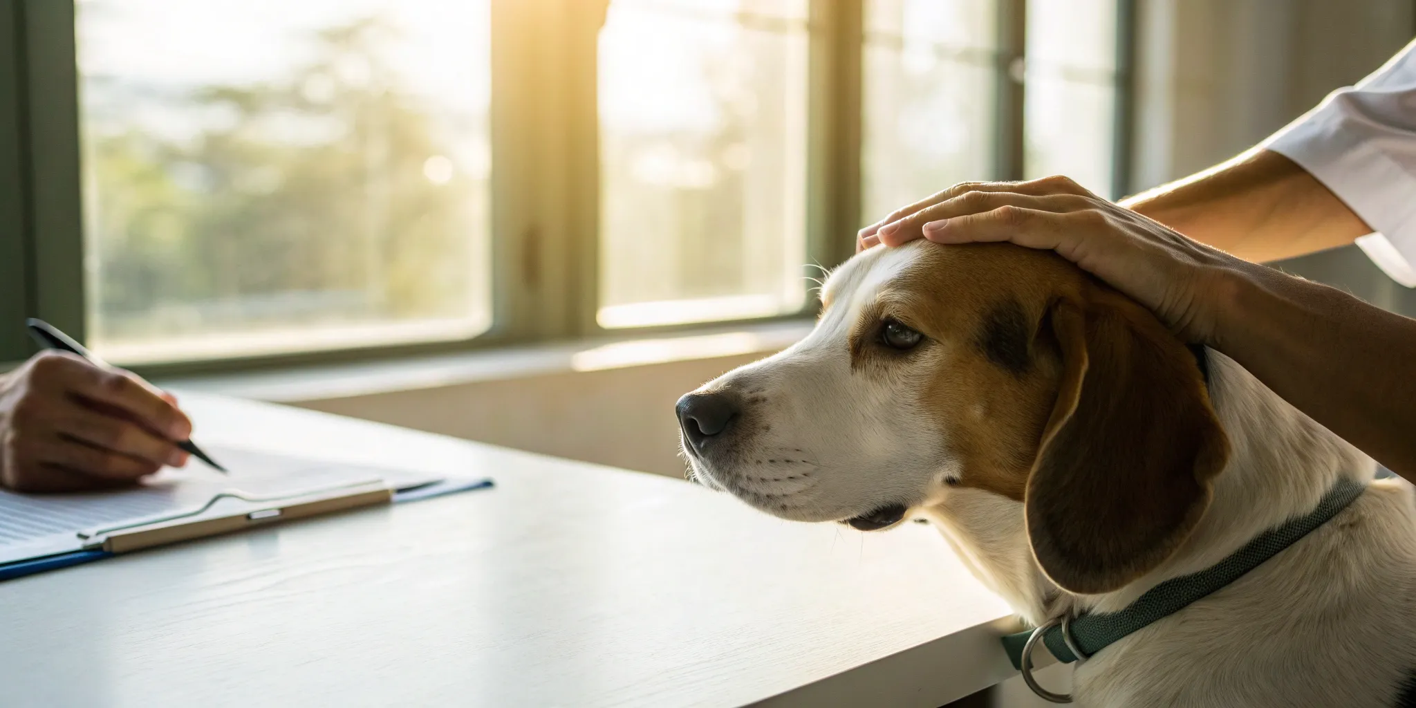 A dog at the vet after a bite, a crucial step before suing for a dog bite in California.