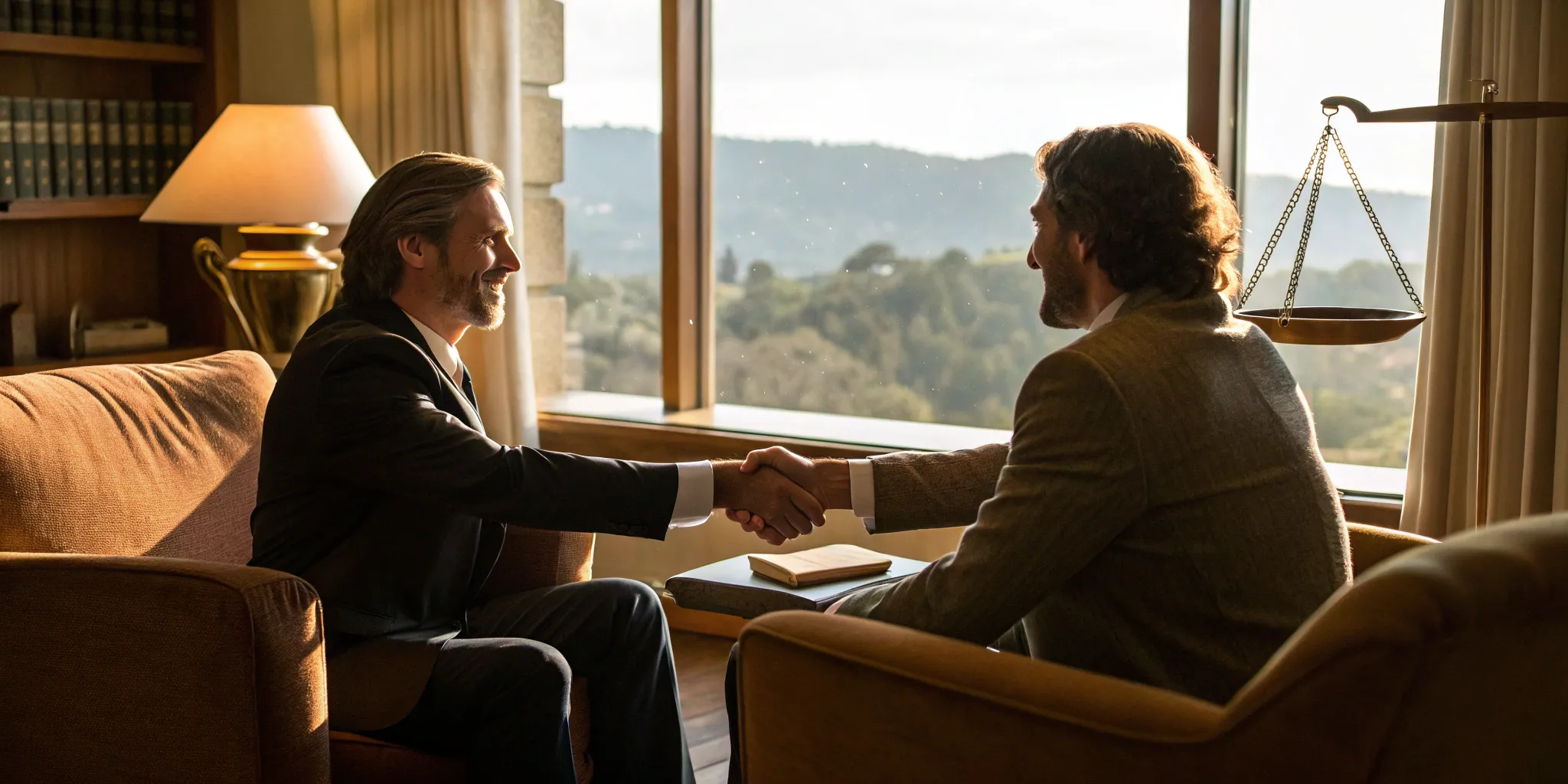 A man shakes hands with his lawyer after suing for compensation for getting hit by a car.