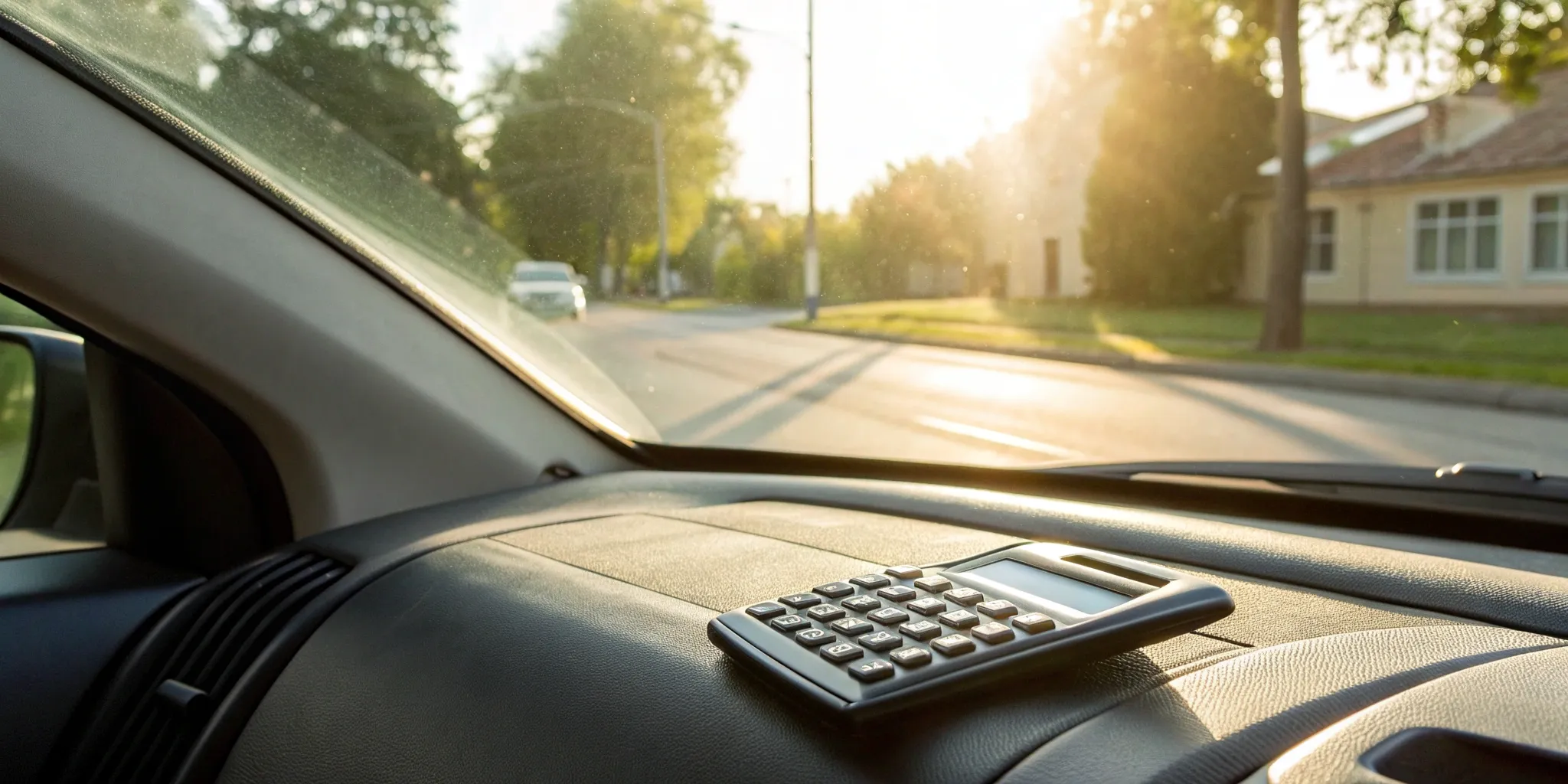 Calculator on a car dashboard for calculating a car accident settlement.