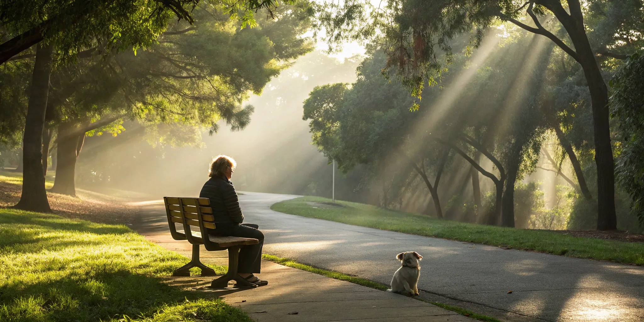 A person with a dog on a bench, wondering how long it takes for a dog bite settlement.