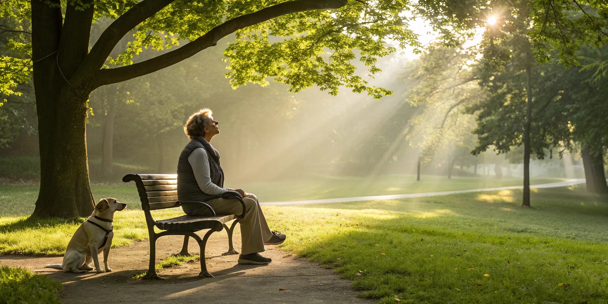 Man on a park bench with his dog, a situation that can lead to suing for a dog bite in California.