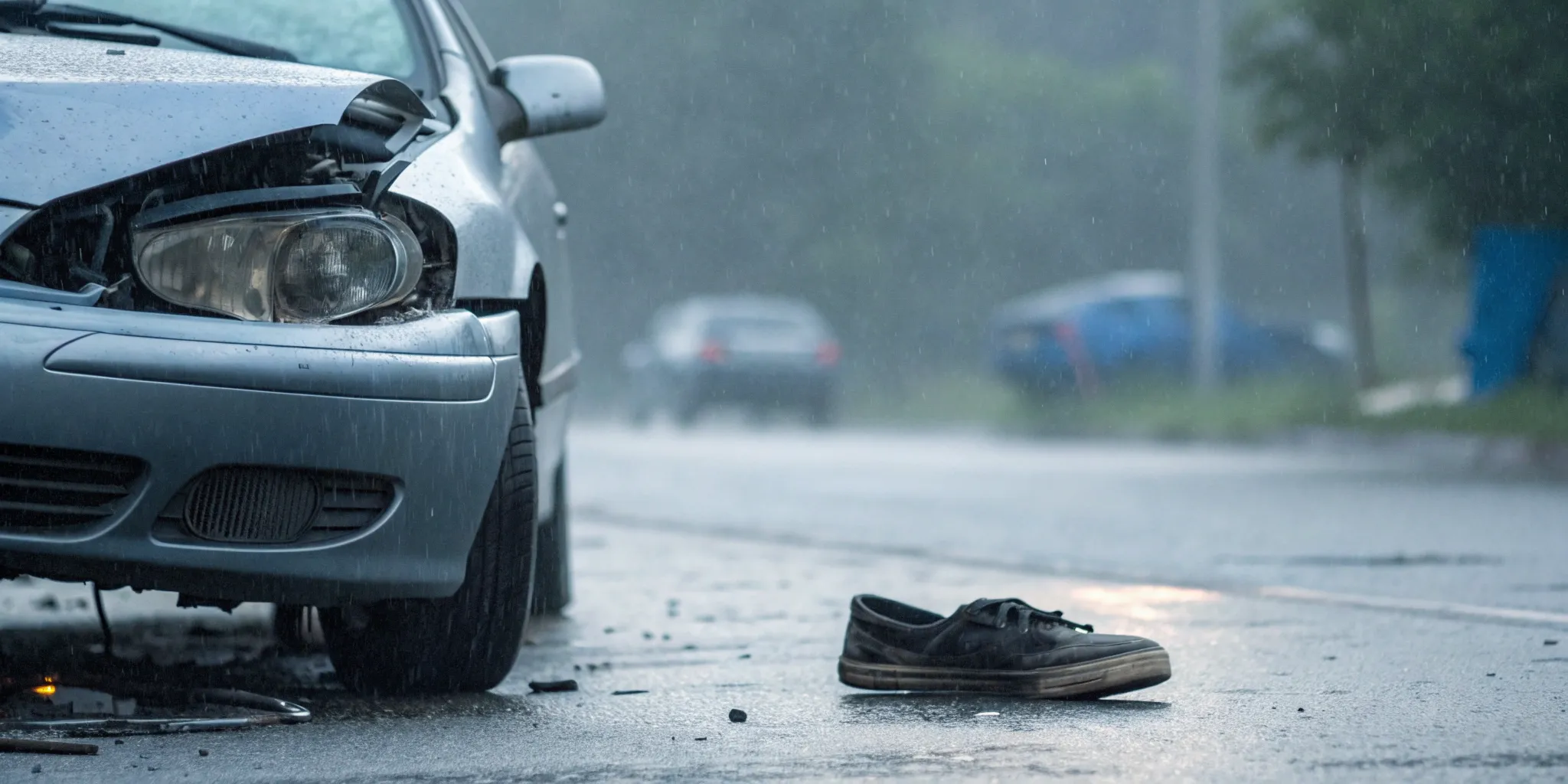 Wreckage of a car after a head-on collision with a shoe lying on the wet road.