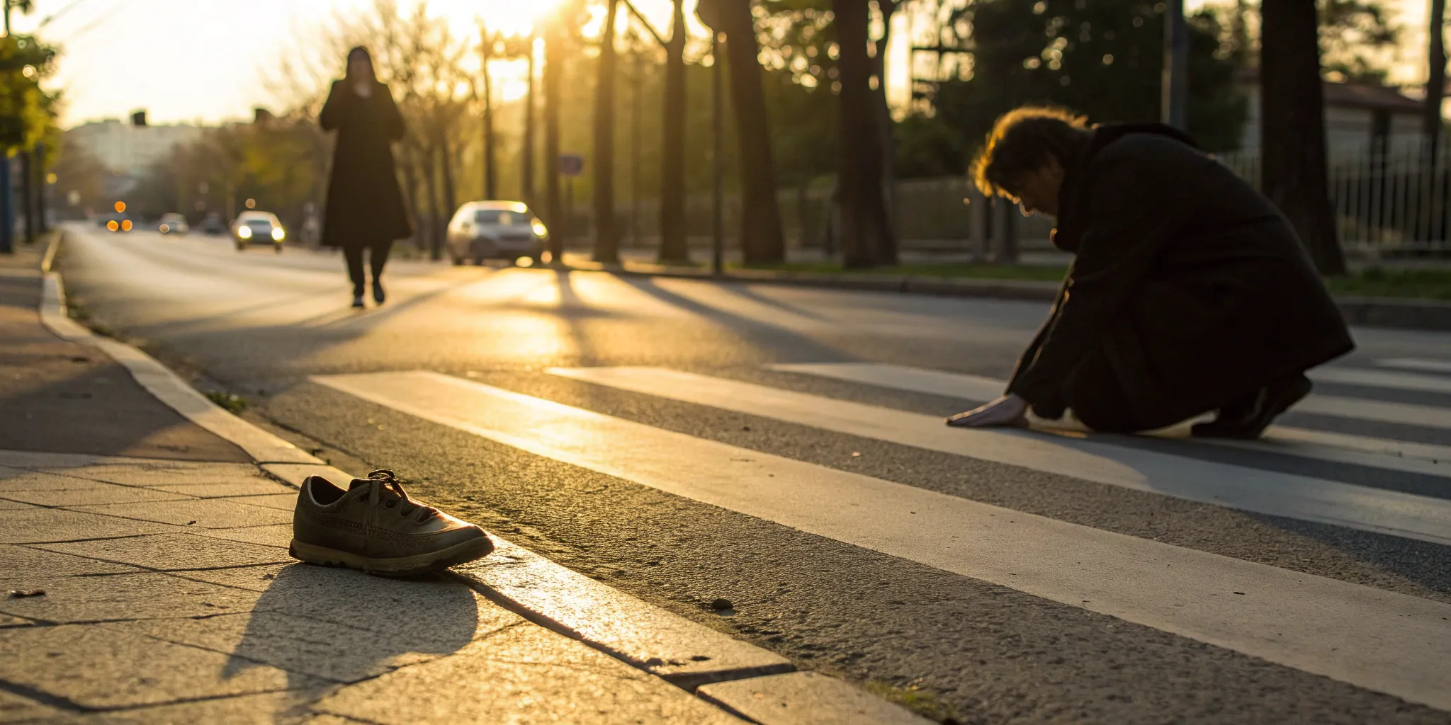 A shoe on the crosswalk after a pedestrian was hit by a car, as someone kneels nearby.