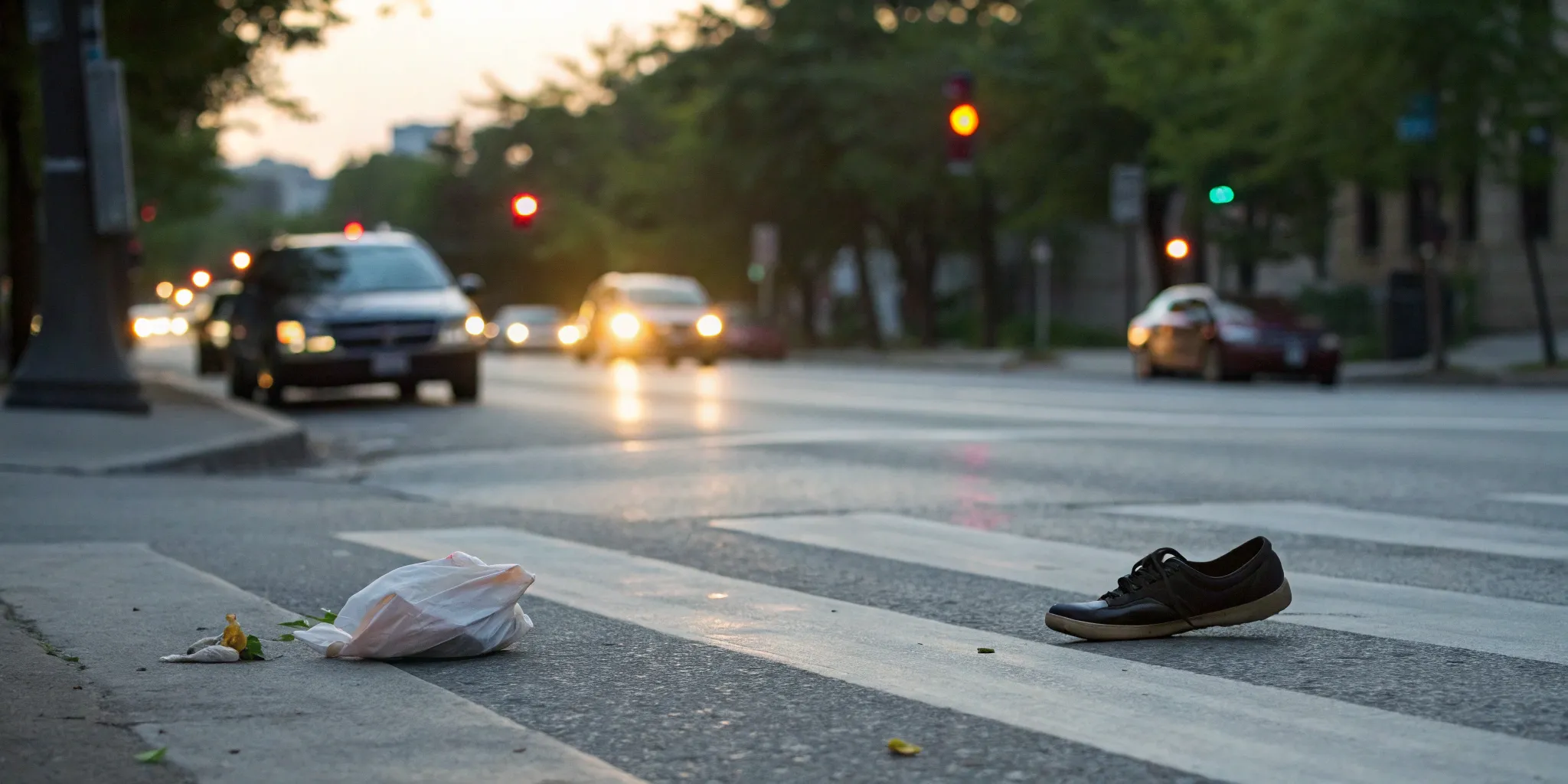 Shoe on a crosswalk after a pedestrian getting hit by a car.
