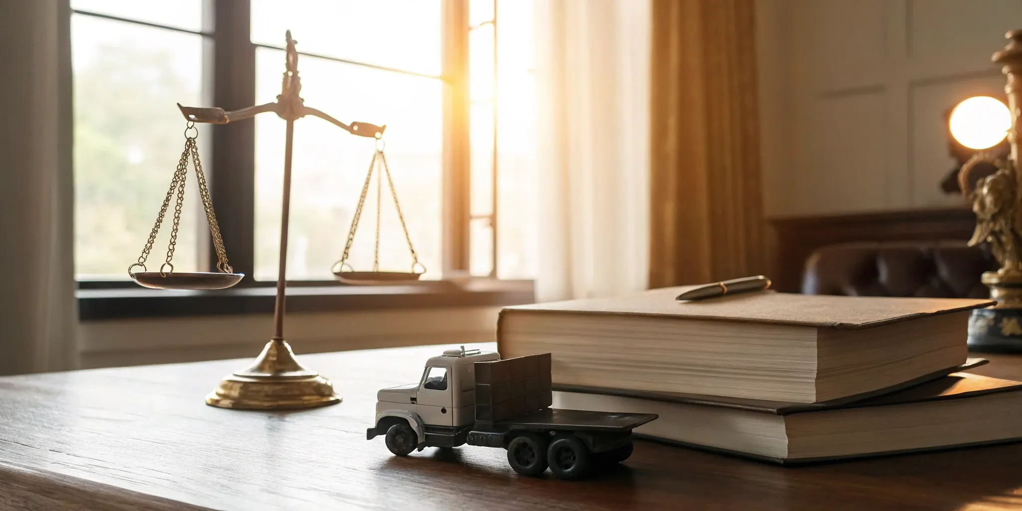A commercial vehicle accident lawyer's desk with a toy truck and scales of justice.