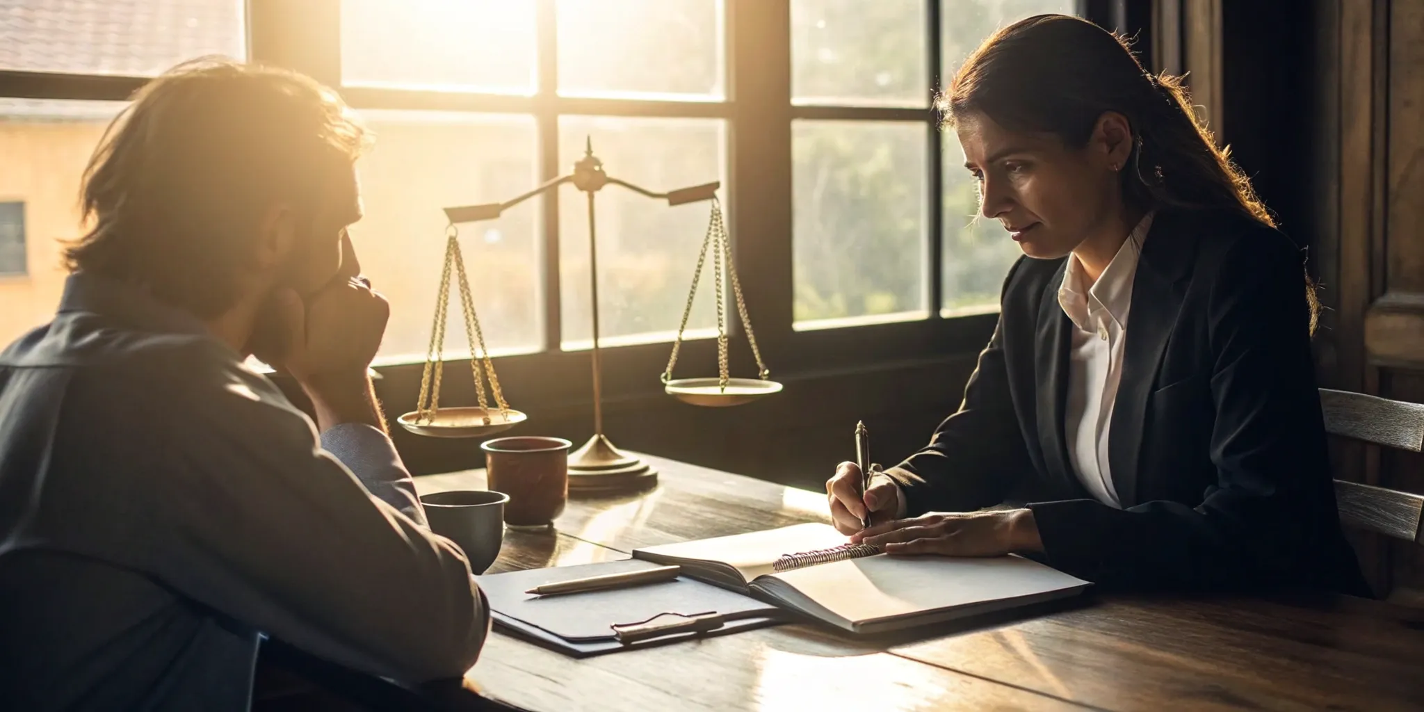 A lawyer discusses a car accident settlement with a client while reviewing documents.