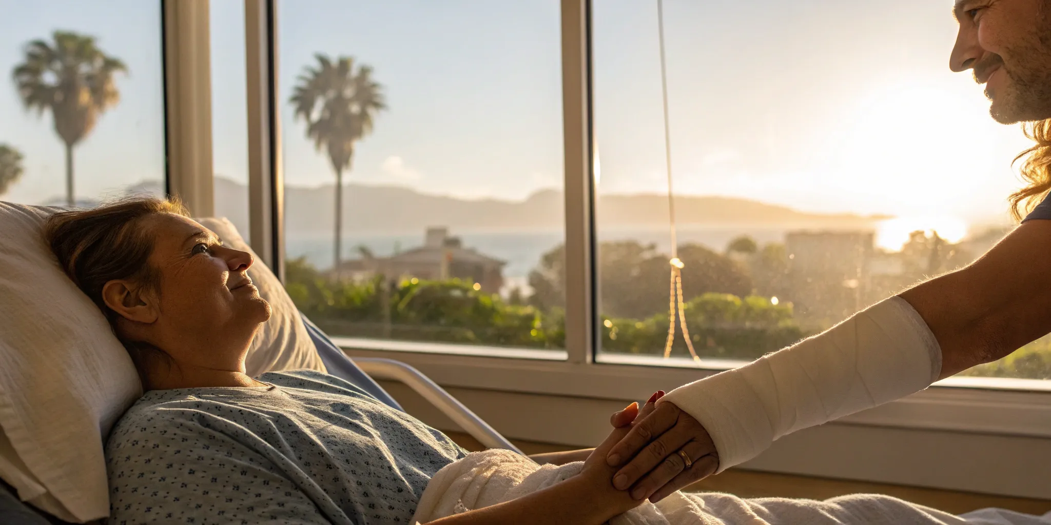 Injured woman in a hospital bed holding a visitor's hand after a car accident.