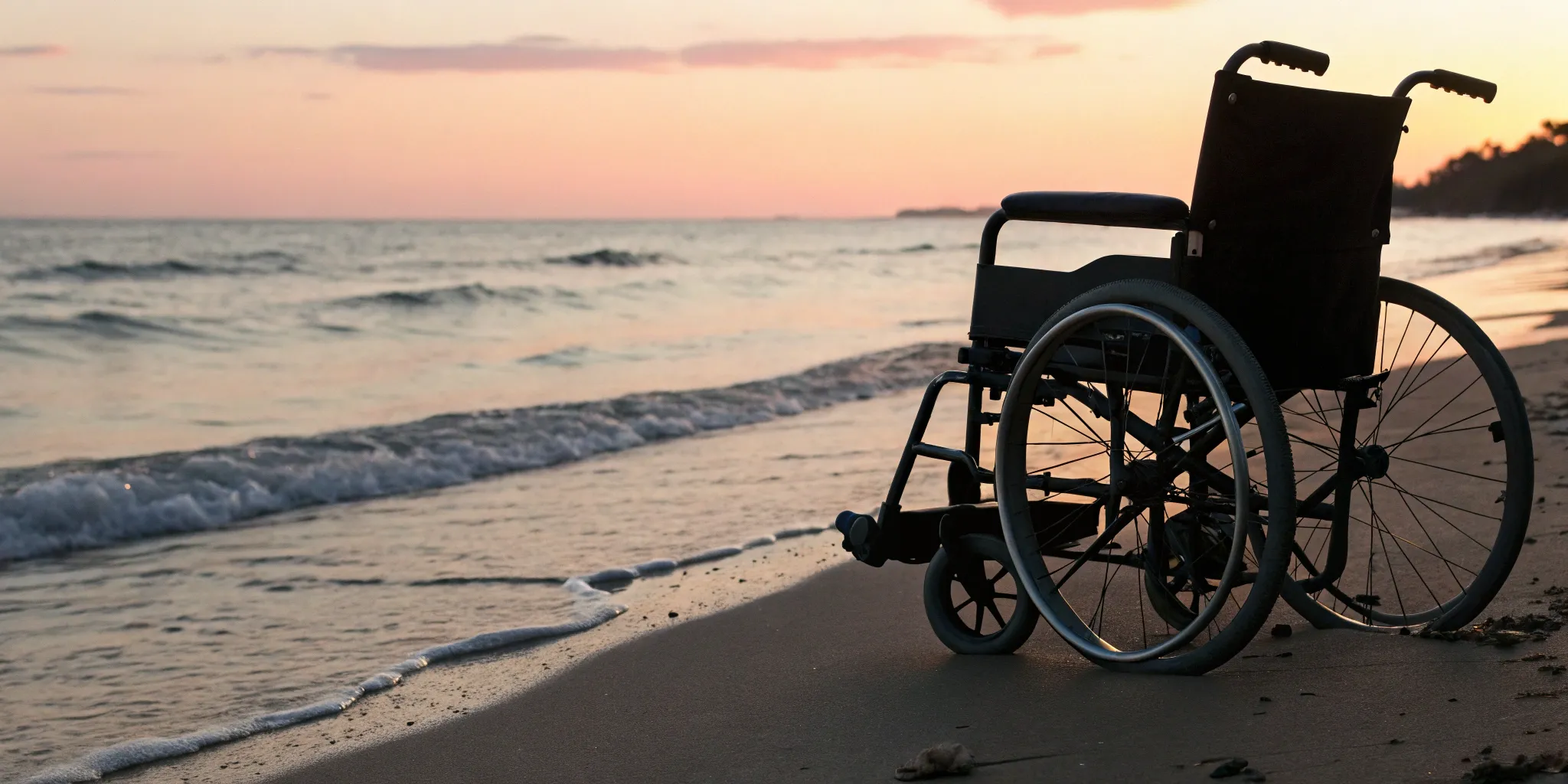 A wheelchair on a beach, a result of a car accident that needs a settlement lawyer for financial recovery.
