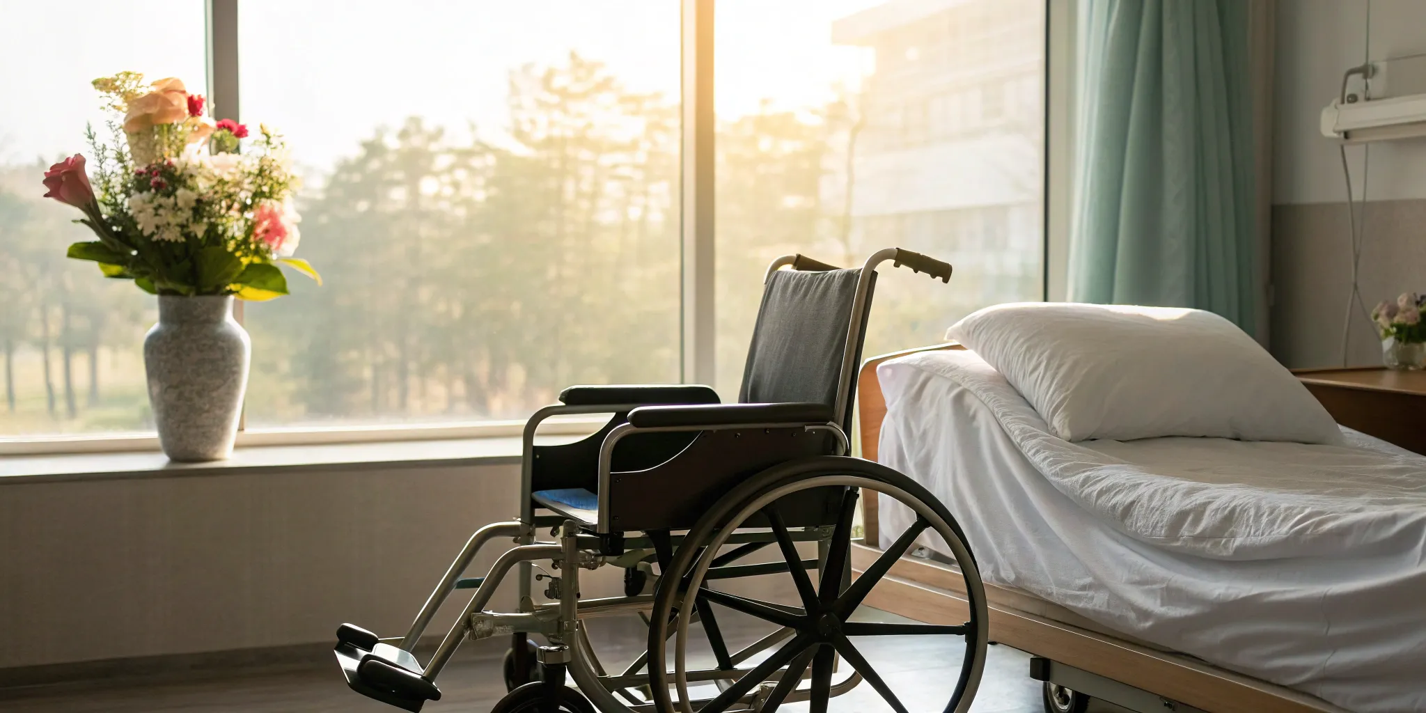 Hospital room with an empty wheelchair, a factor in calculating the average settlement for a traumatic amputation.