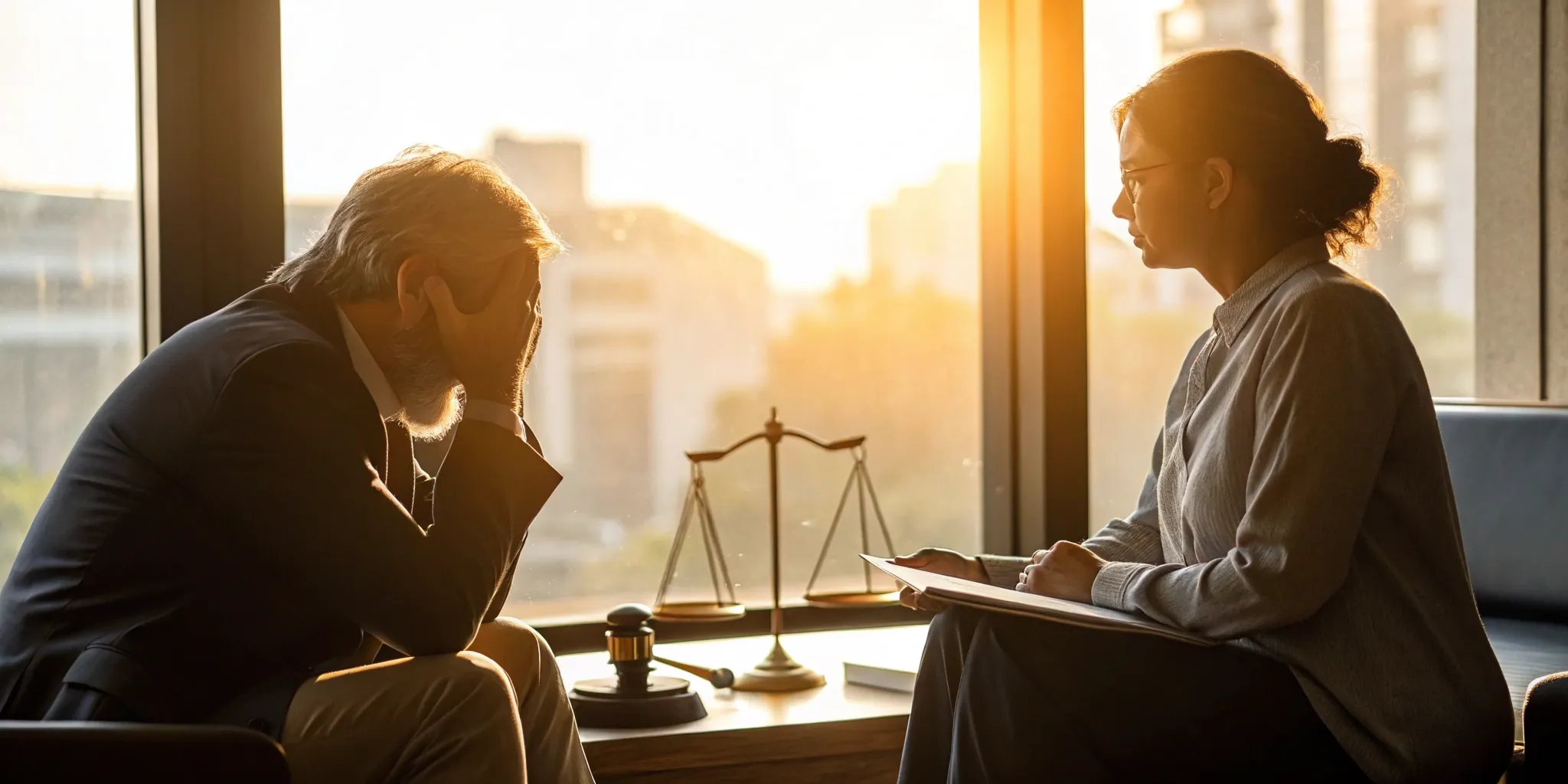 Truck accident lawyer providing a free consultation to a client in an office.