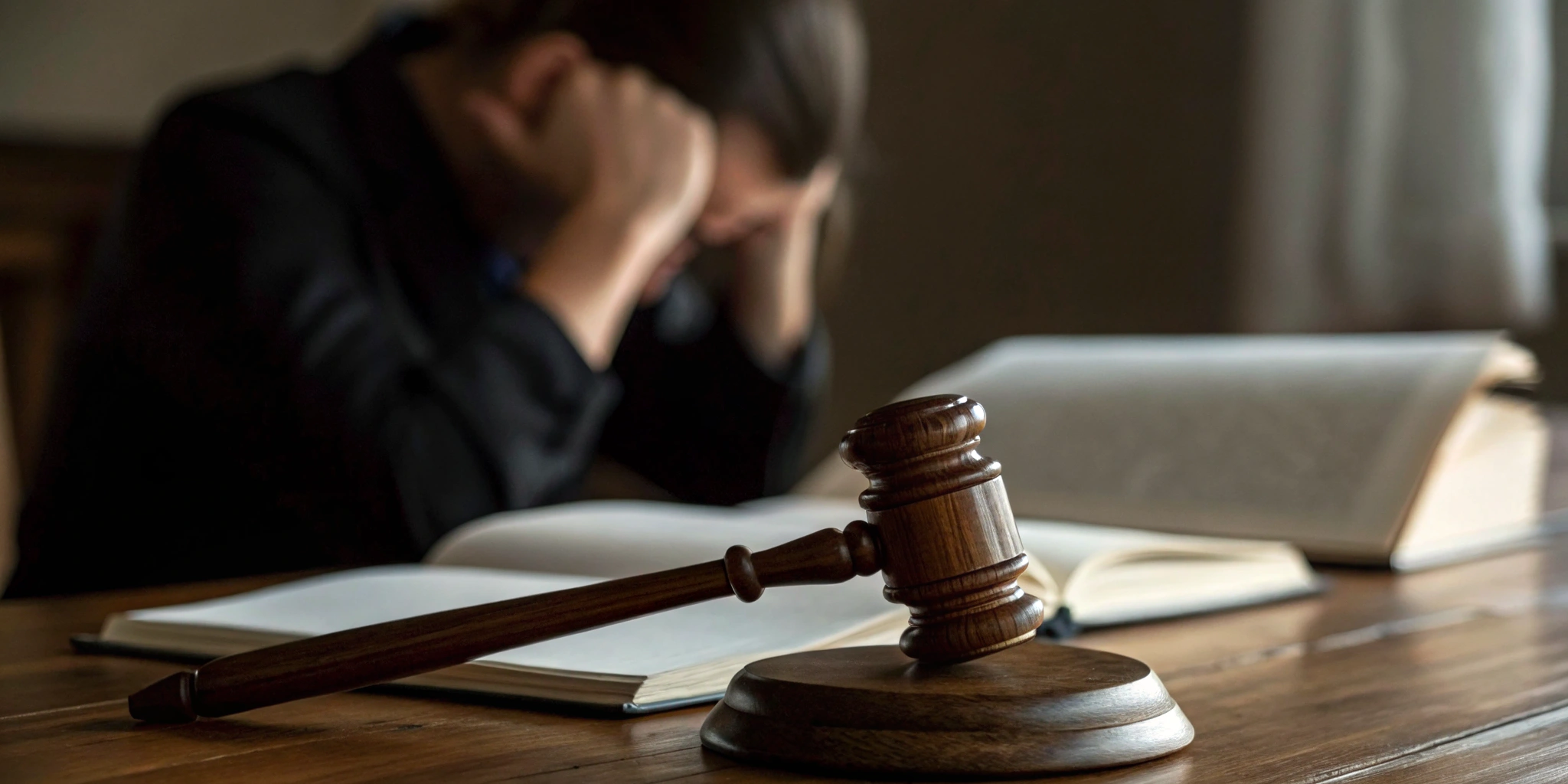 Stressed person at a desk with a gavel, needing a bad faith insurance attorney in California.