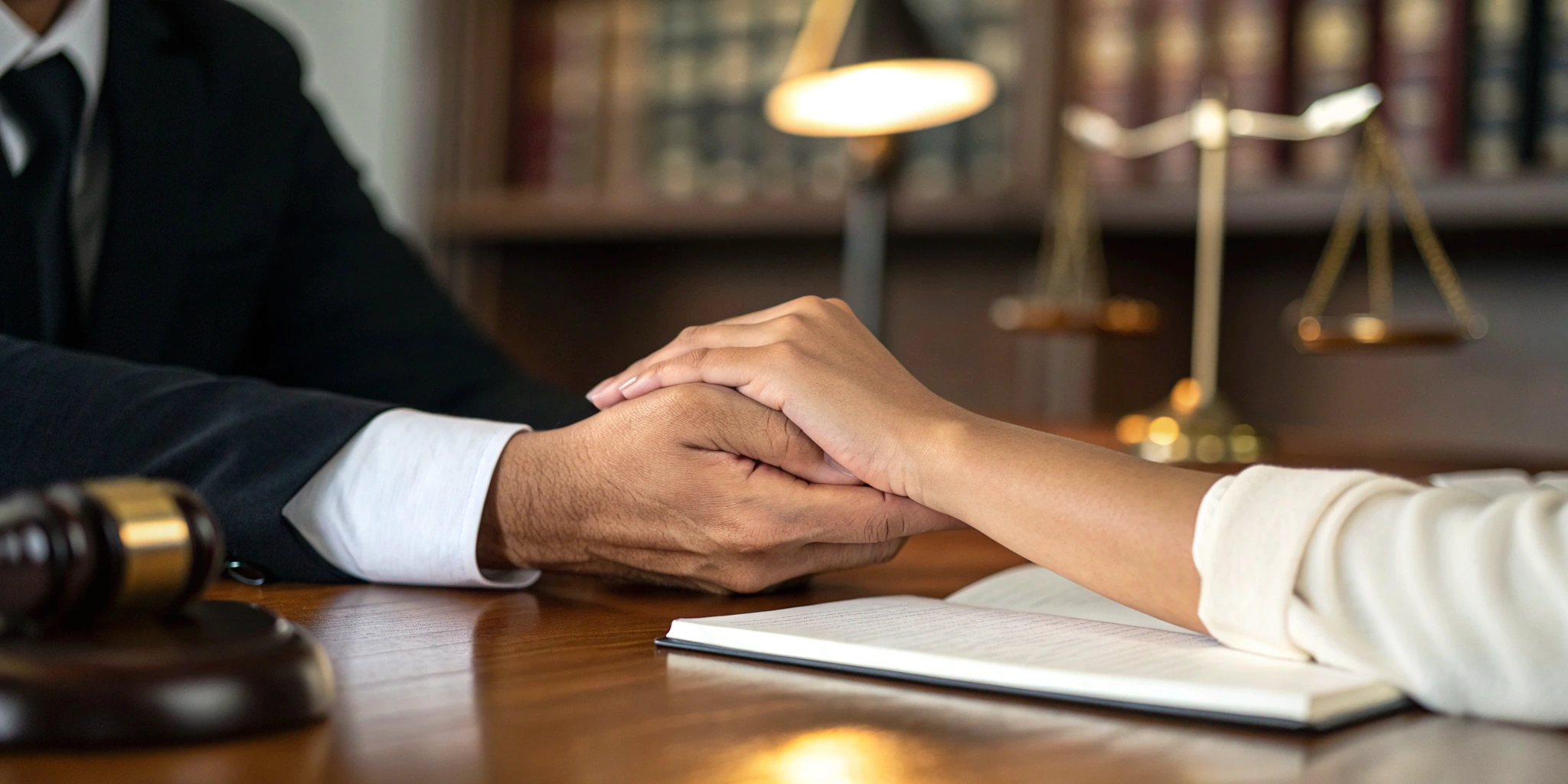 A bad faith insurance attorney in Los Angeles reassuring a client at their desk.