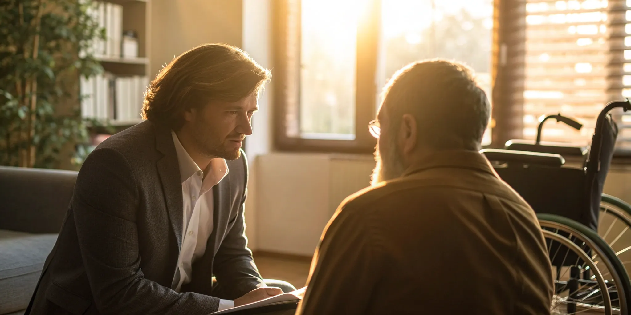 A contingency fee lawyer discusses an amputation case with a client in a wheelchair.