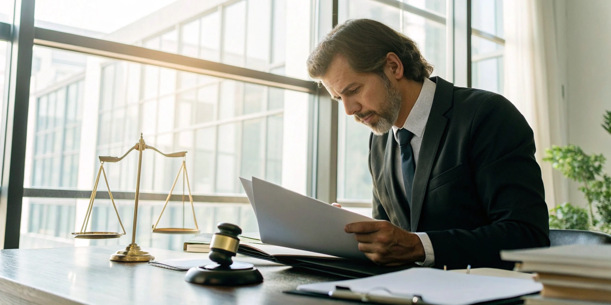 An insurance bad faith attorney works on a case at a desk with legal documents and scales of justice.