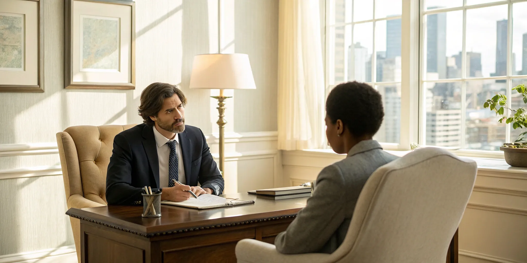 A lawyer from a top law firm discusses an amputation case with a client.