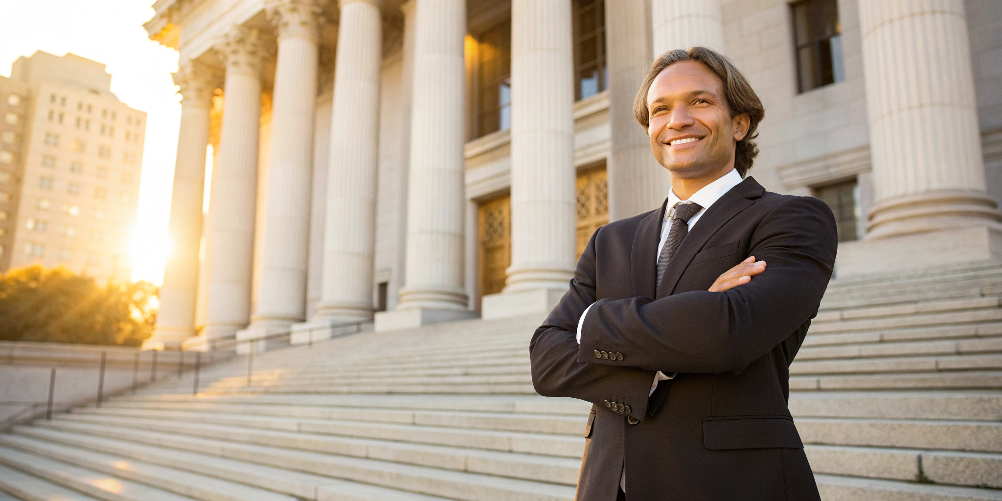 Best premises liability attorney in California standing confidently on courthouse steps.
