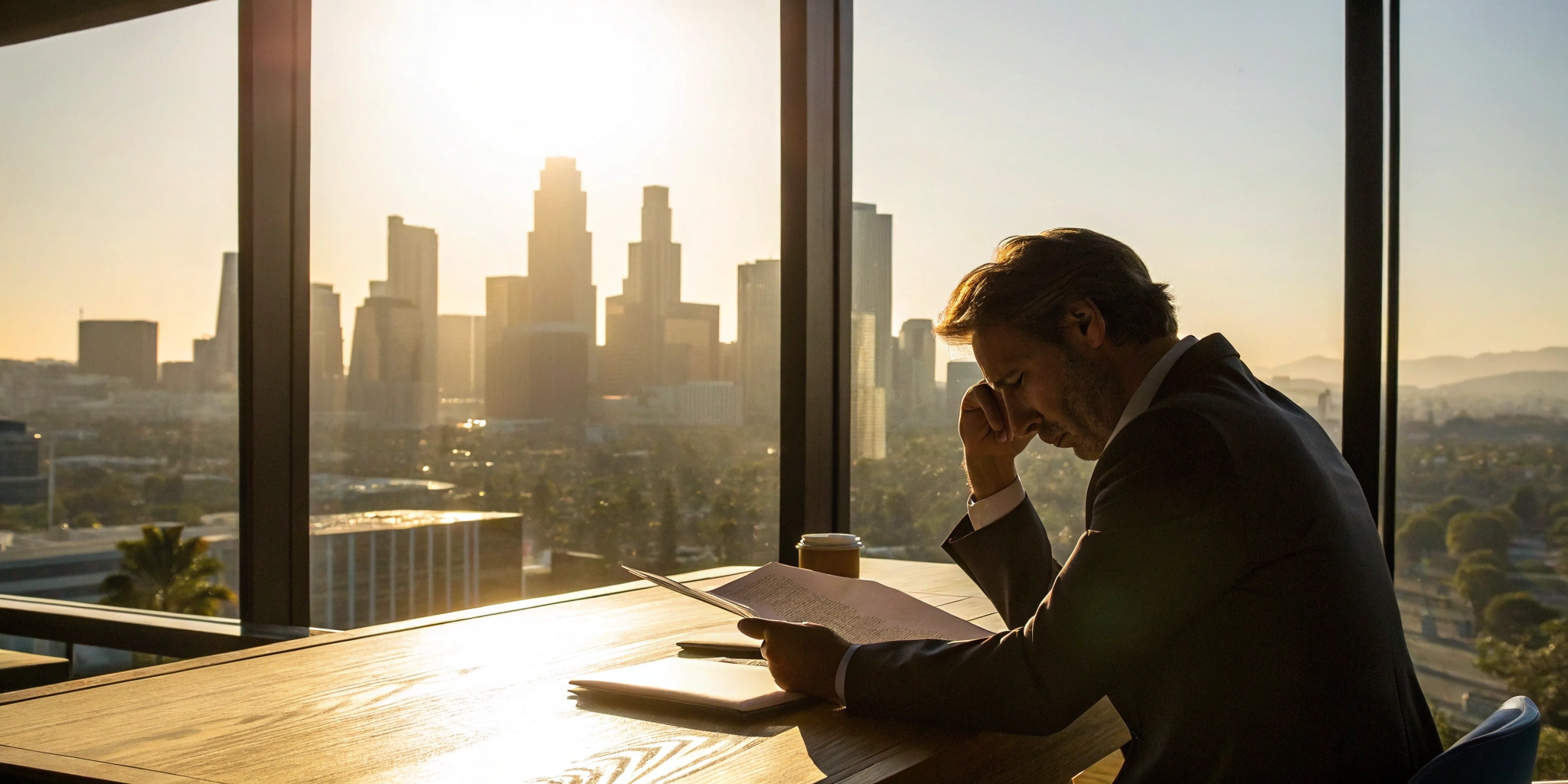 Businessman in a Los Angeles office seeks an insurance attorney for a denied claim.