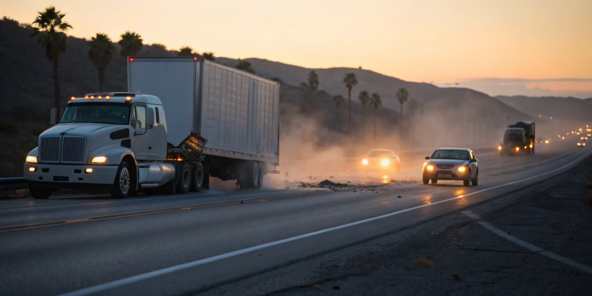 The scene after a semi truck accident on a highway with damaged vehicles.