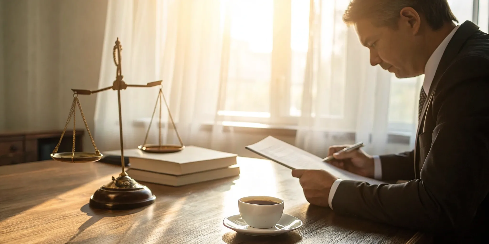An attorney hired for an insurance claim reviews documents at a desk with scales of justice.