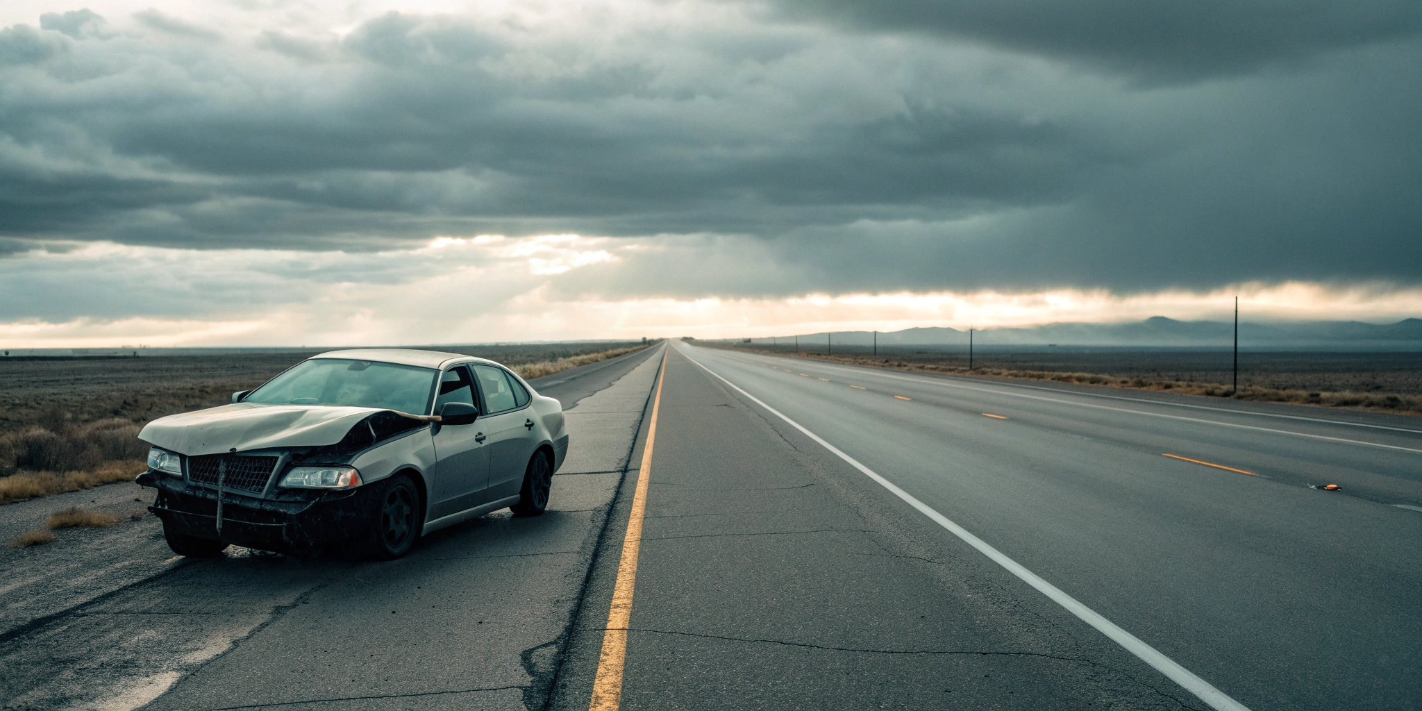 A car damaged from a head-on collision in California, a scene requiring an attorney.