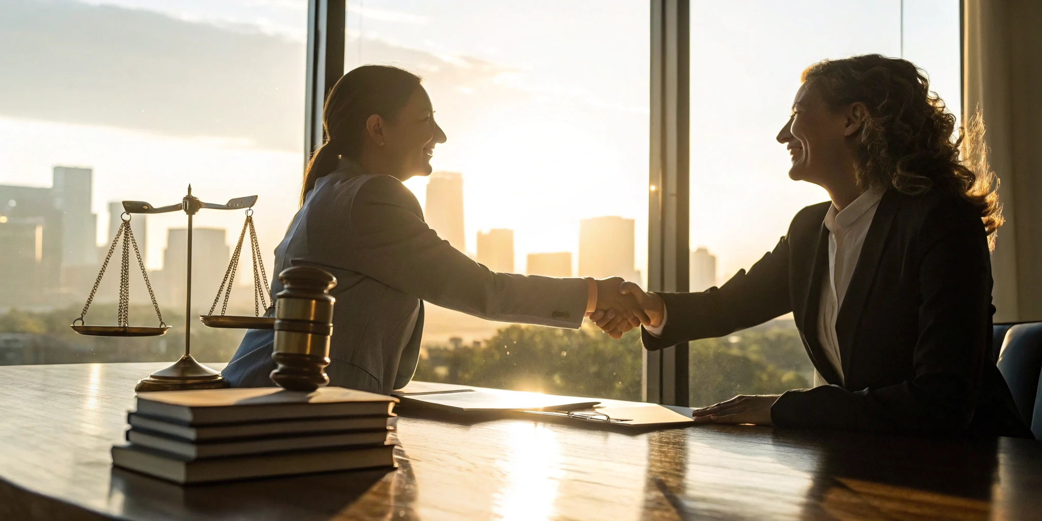 A Los Angeles premises liability attorney shaking hands with a client in a law office.
