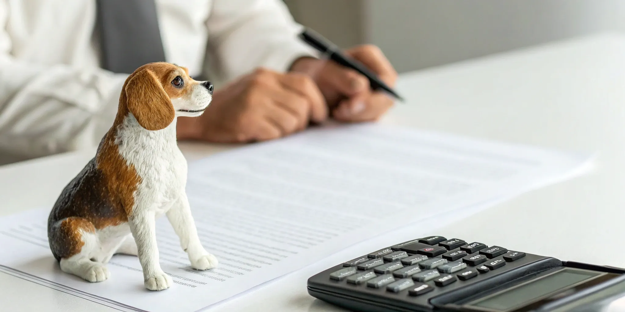 A dog bite settlement calculator with a dog figurine and claim paperwork.