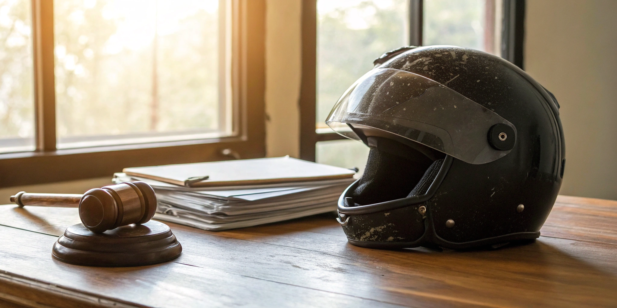 A motorcycle injury attorney's desk with a helmet, gavel, and legal papers.