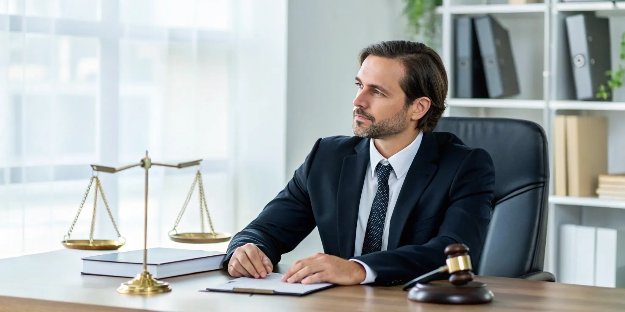 Lawyer for pedestrian hit by car at a desk with legal documents and scales of justice.