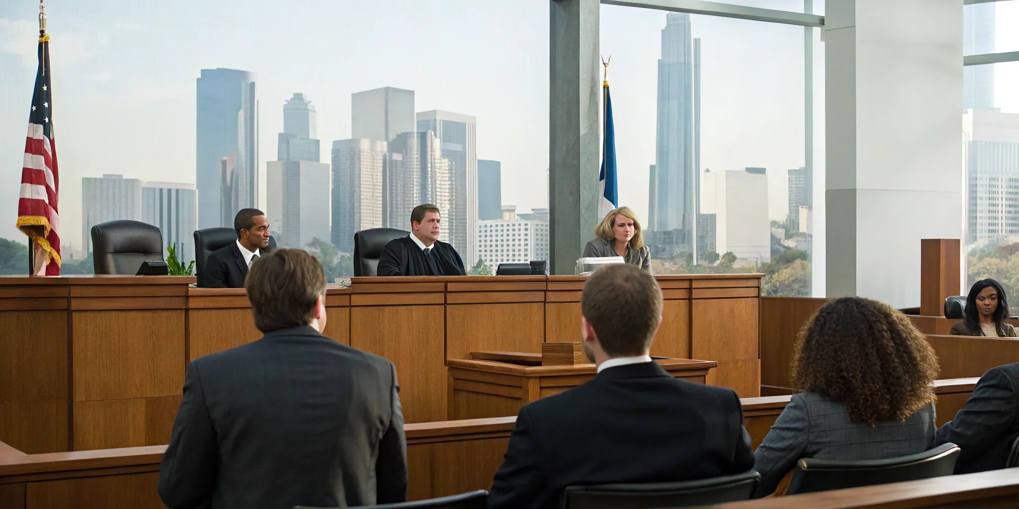 Lawyers who sue insurance companies in a California courtroom during a trial.