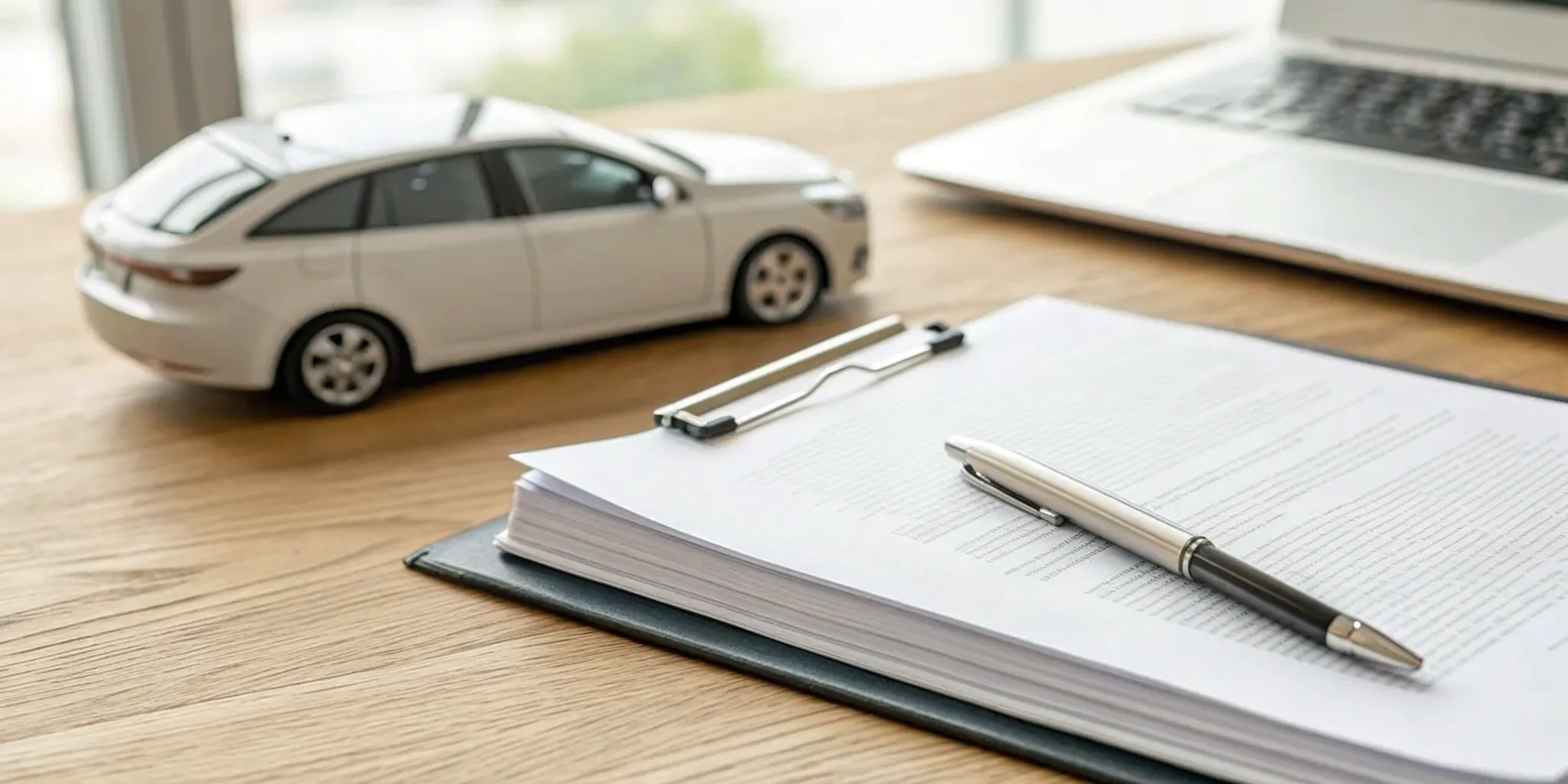 Desk with documents to hire a lawyer for a denied car insurance claim.
