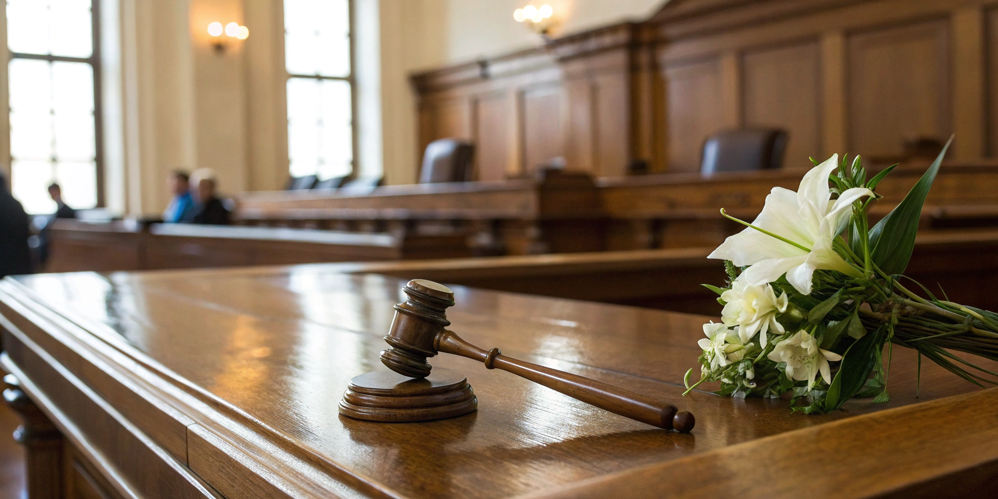 Gavel and flowers on a table for a meeting on the average wrongful death settlement.