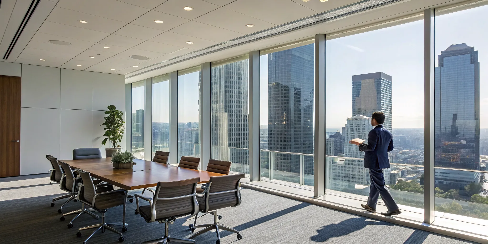 Rideshare passenger injury lawyer reviewing a claim in a conference room with a city view.