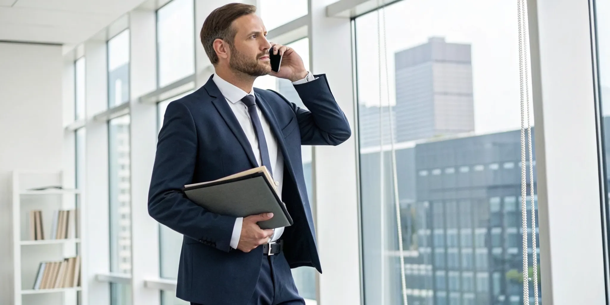 An insurance lawyer with documents on the phone fighting a denied claim.