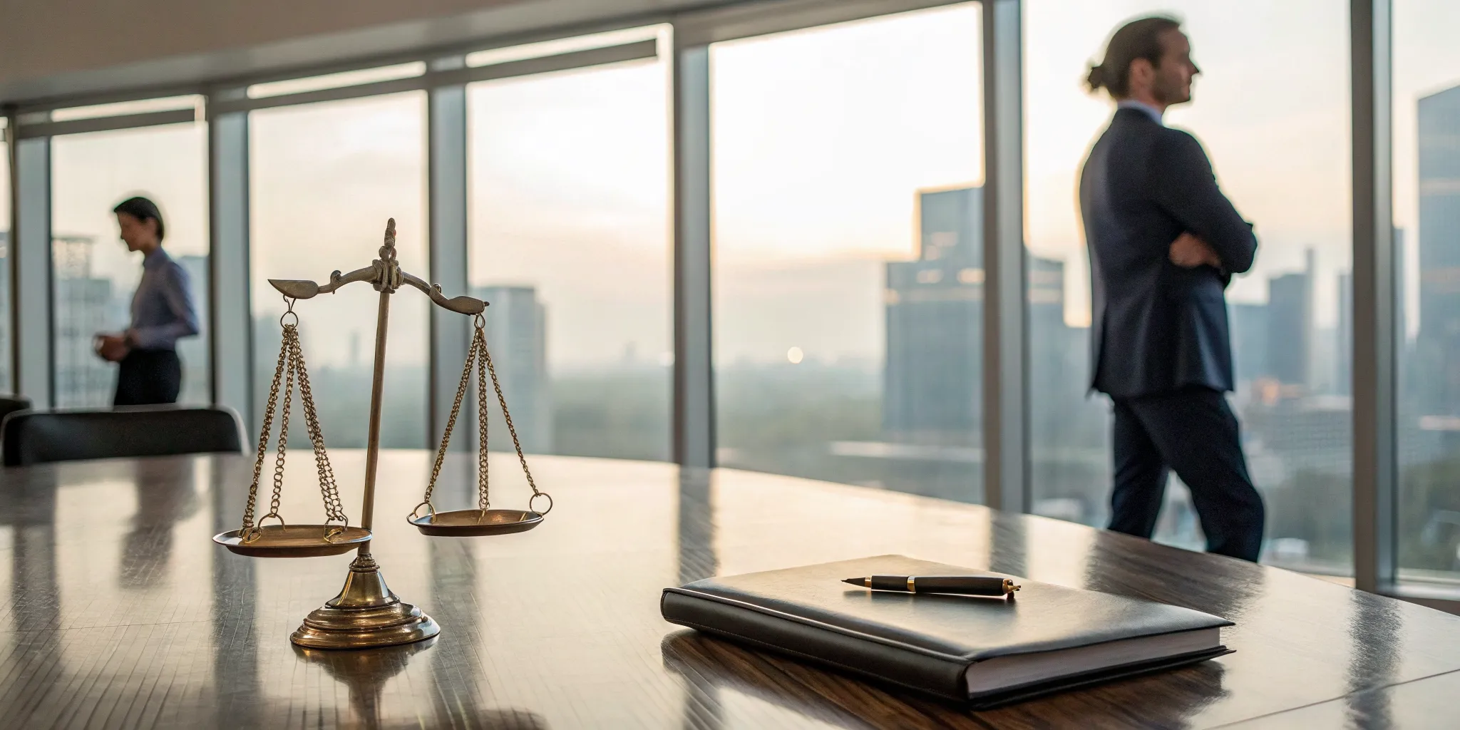 The best car accident attorney reviews a case file with scales of justice on the desk.