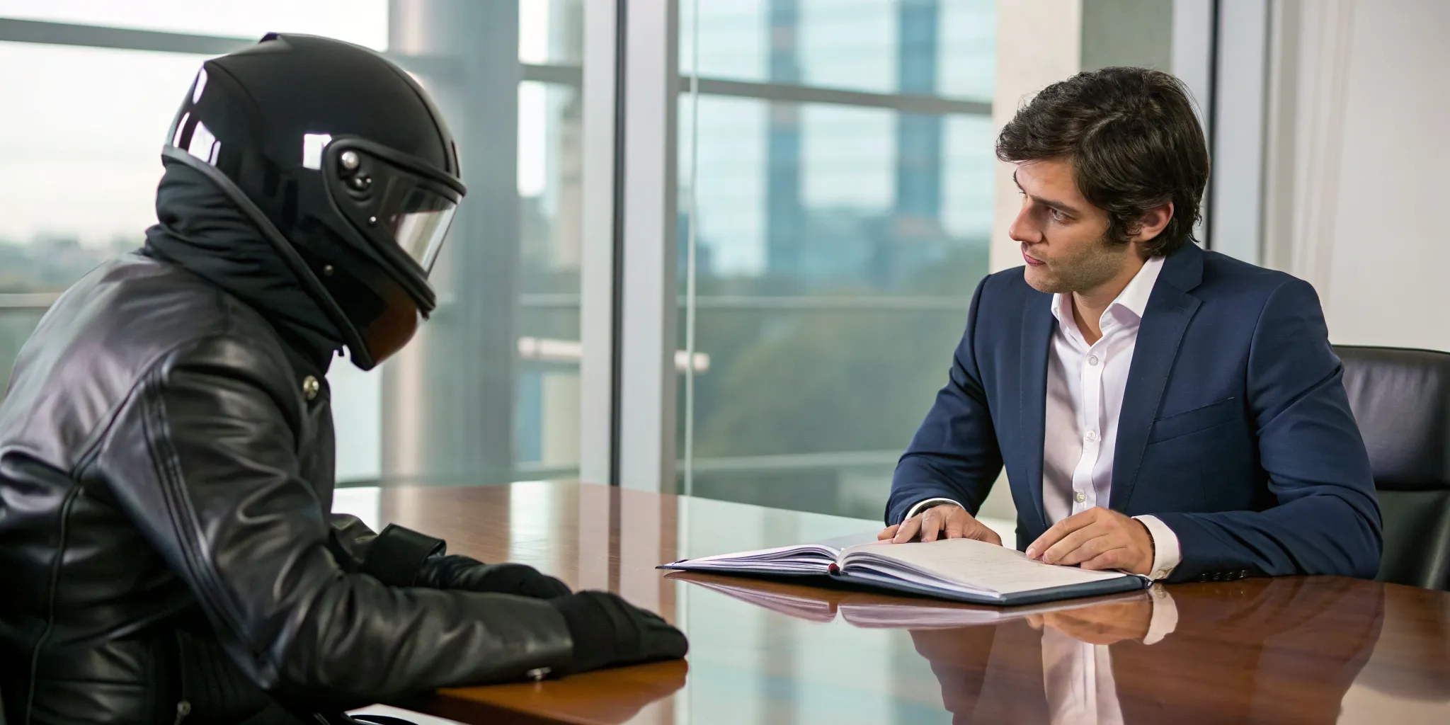 Best motorcycle accident lawyer discussing a case with an injured rider.