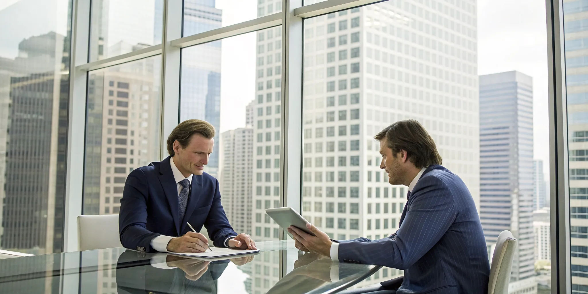 A man consults with a lawyer to hire for an unsafe medical device injury.