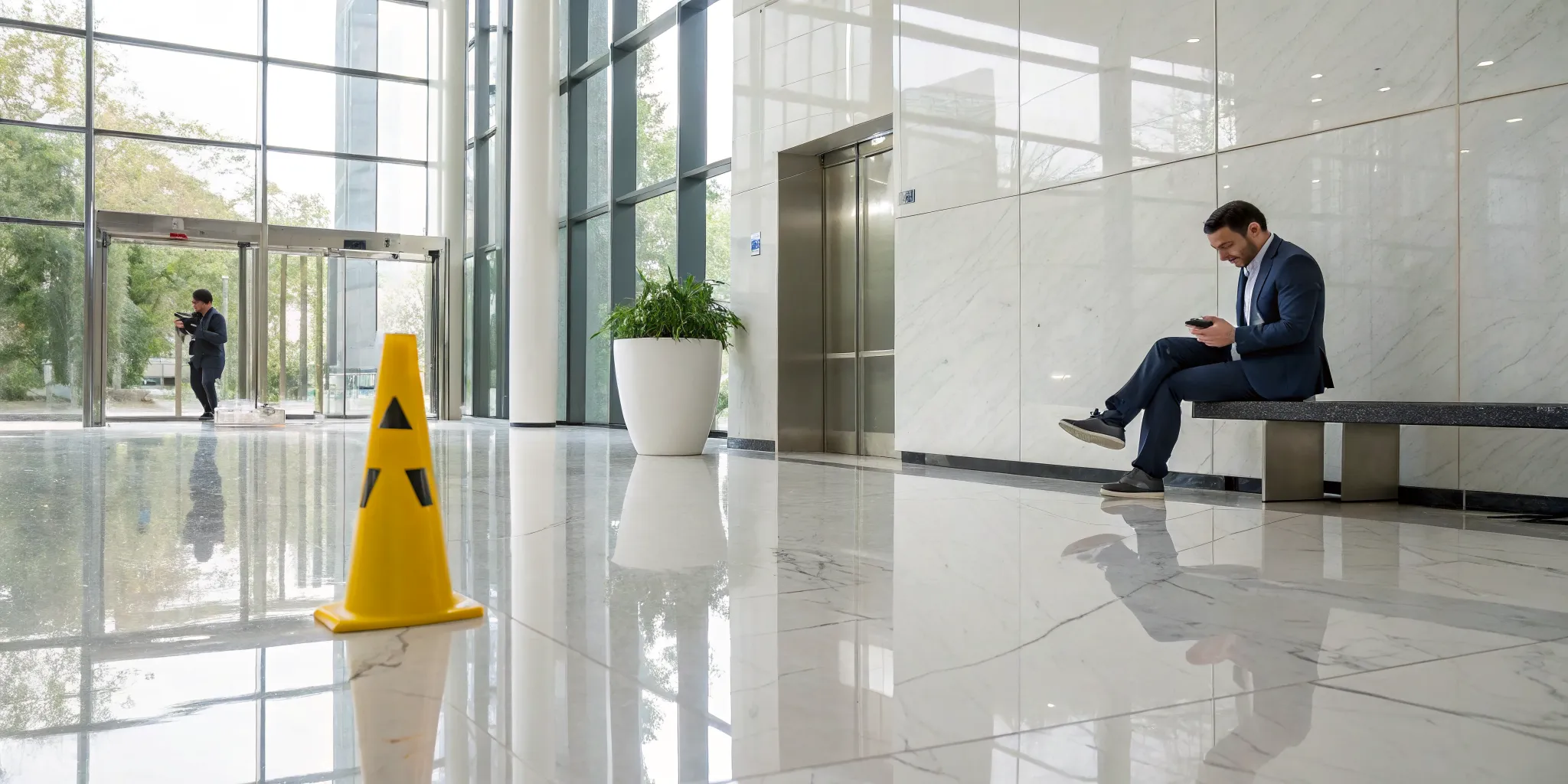 A wet floor sign in a lobby, a clear example of a premises liability law case.