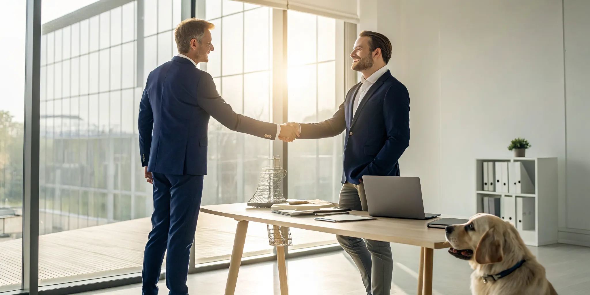 A man shakes hands with the best dog bite lawyer in an office with a dog nearby.
