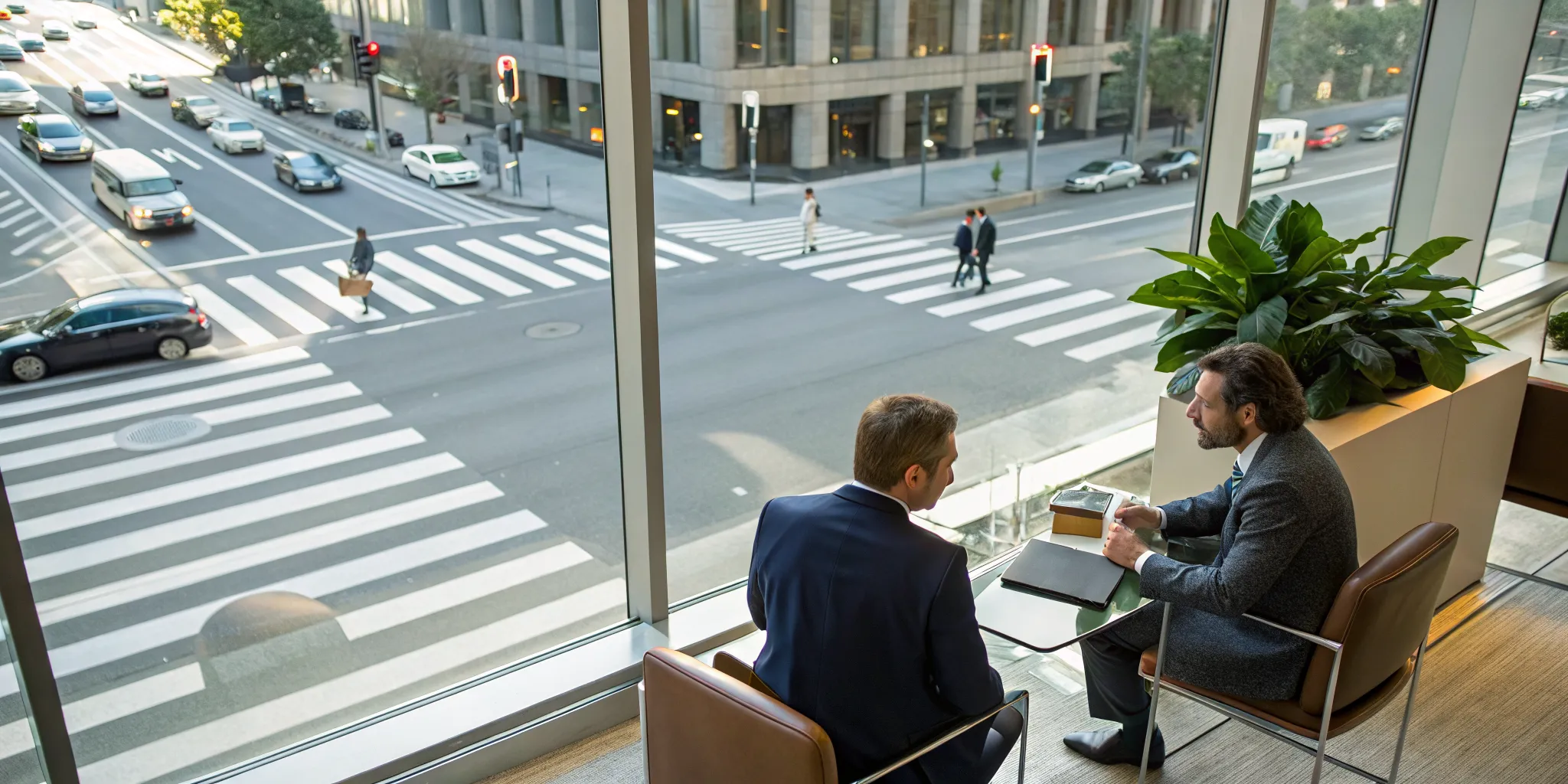 Best pedestrian accident lawyer discussing a case with a client overlooking a city crosswalk.