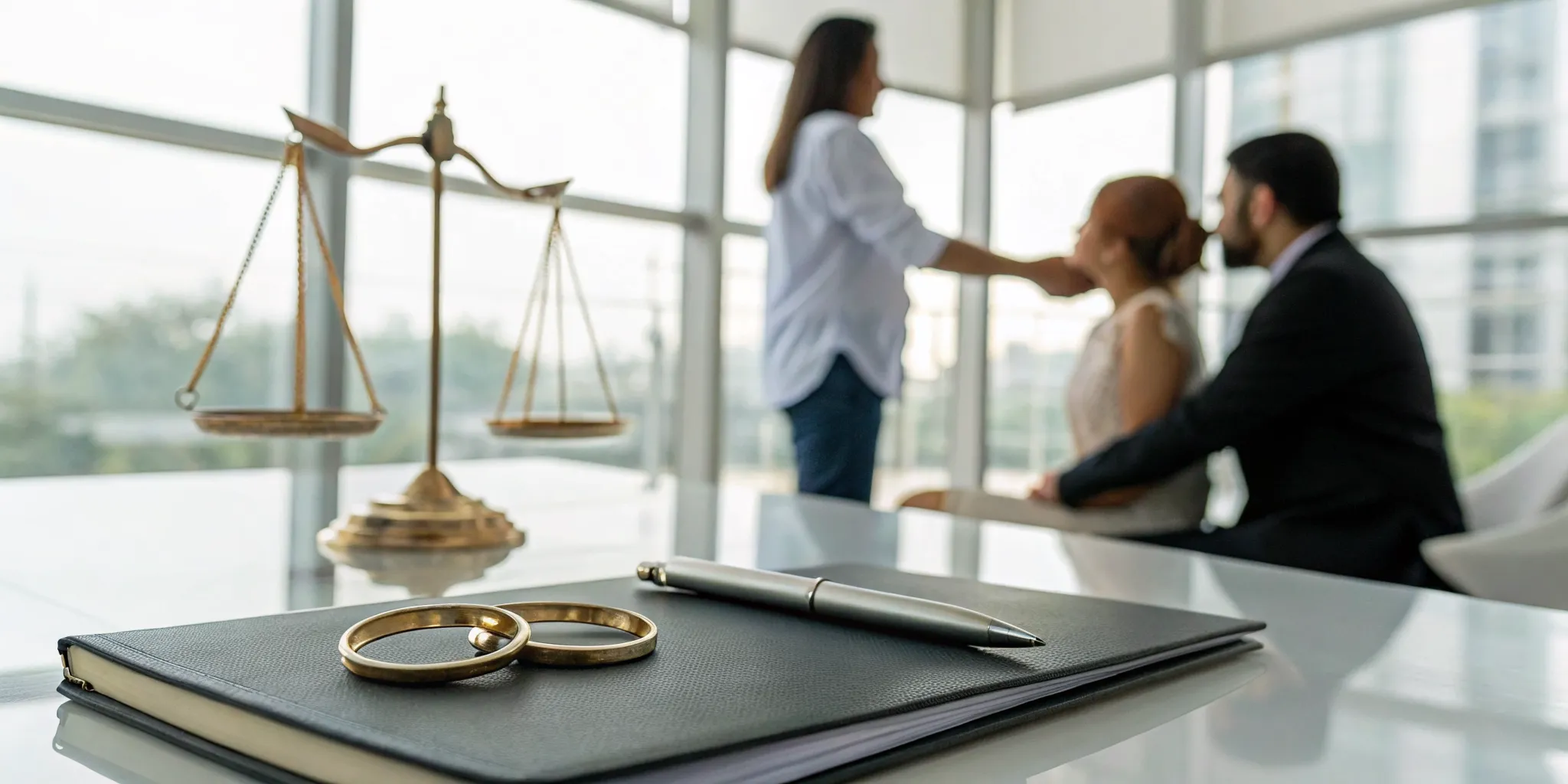 A couple's wedding rings and a legal scale during a consultation about loss of consortium damages.