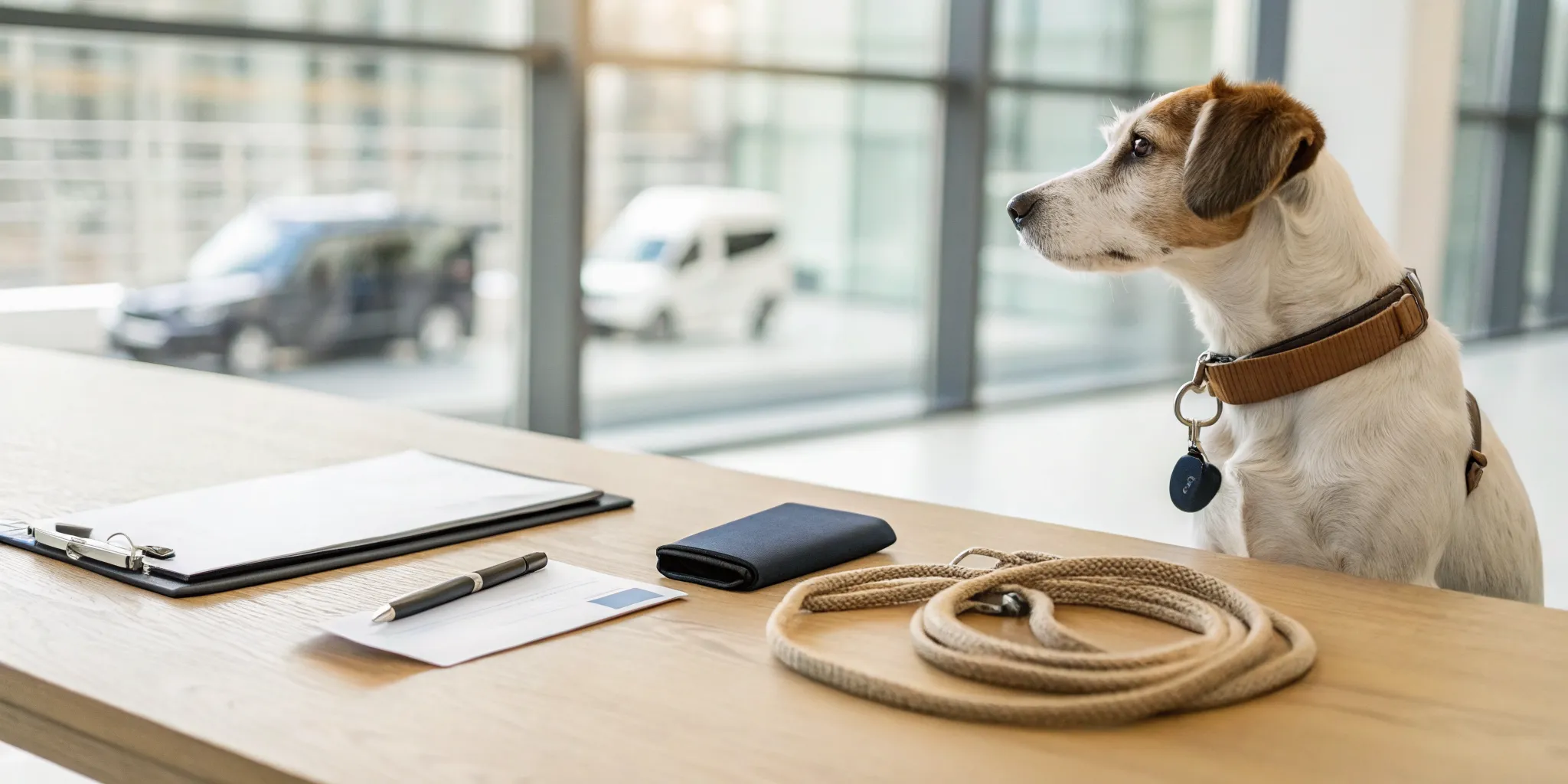 Dog at a desk with paperwork to request an animal control report.