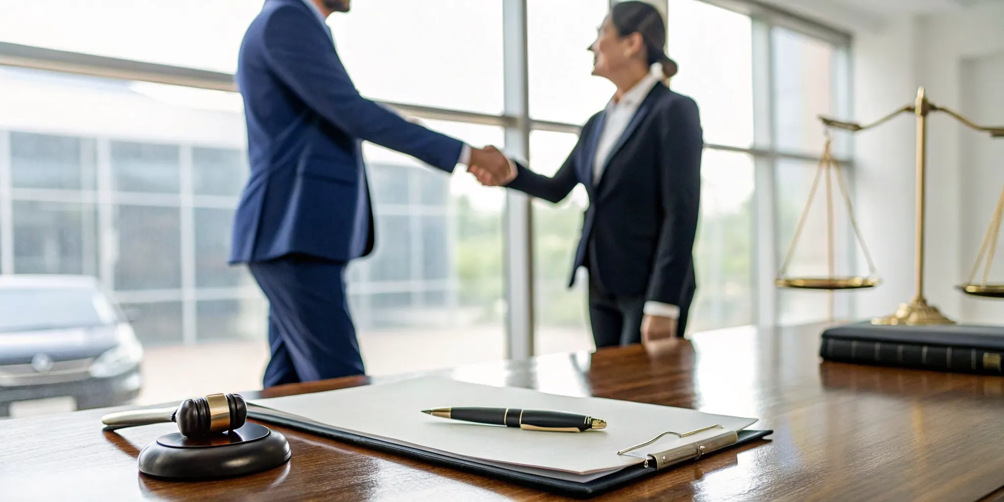 Client shaking hands with a car accident attorney after a successful claim.