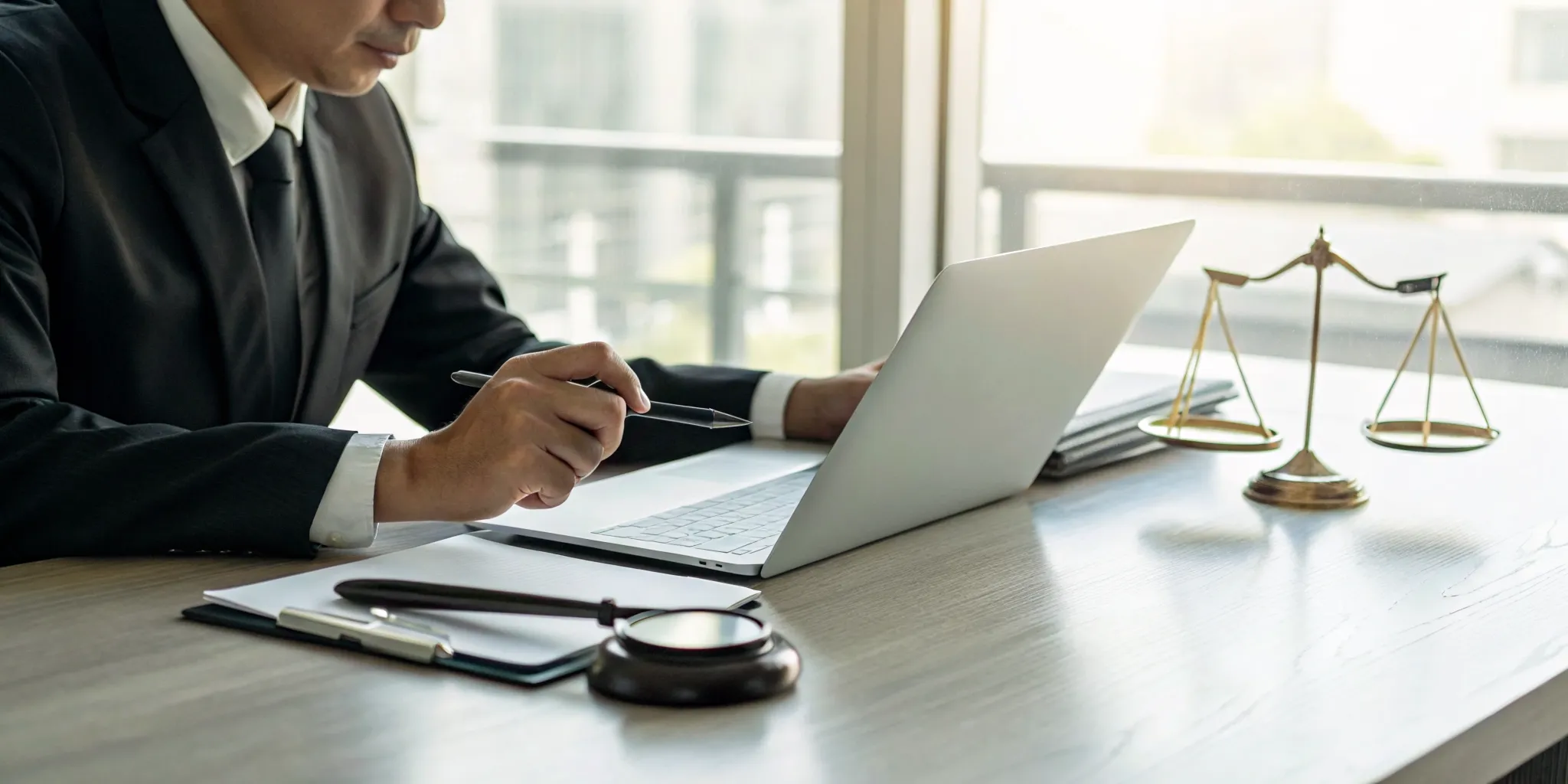 A person reading lawyer reviews on a laptop to find the best attorney.
