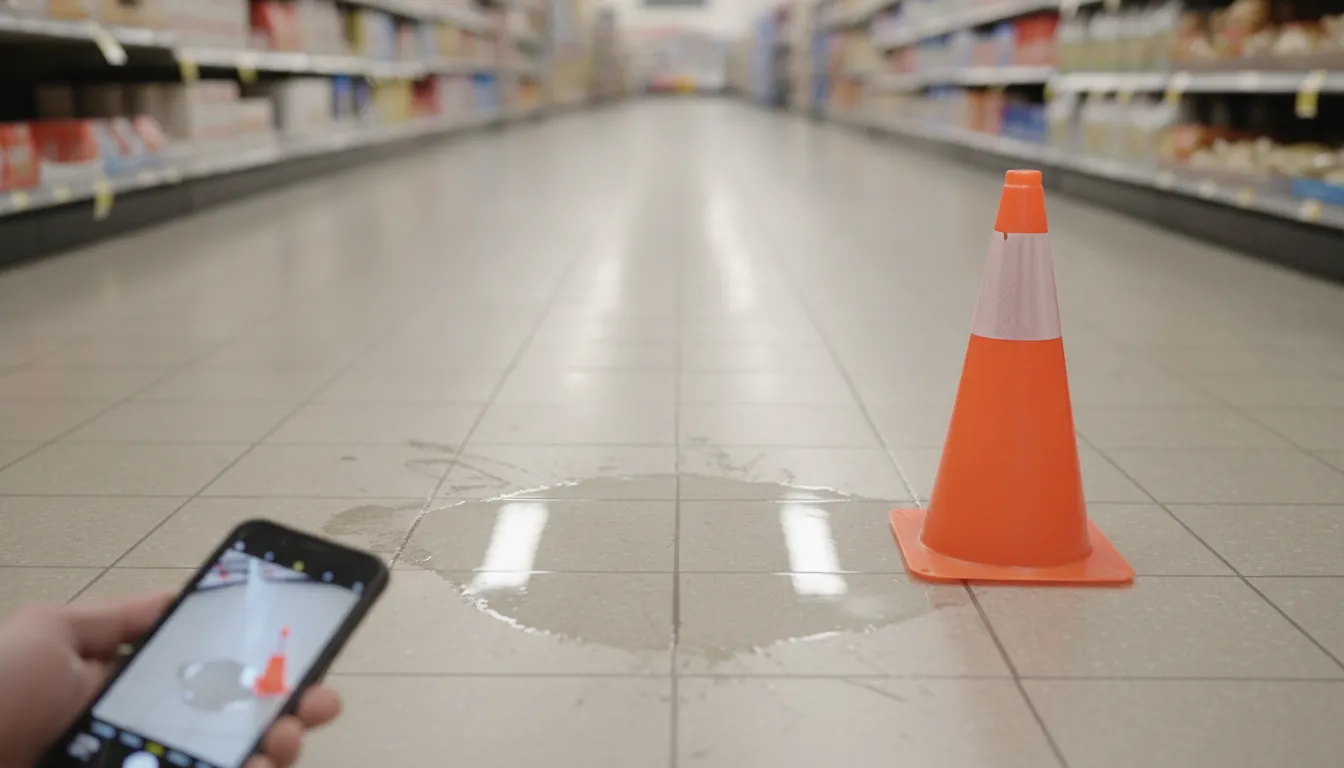 Smartphone documenting a wet floor hazard after a California slip and fall